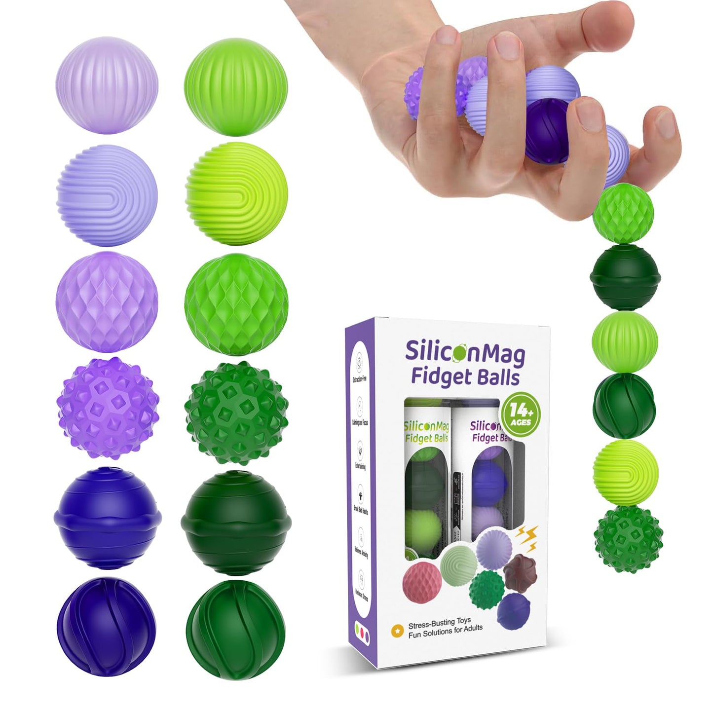 RIVGOT Silicone Magnetic Balls – 6-Pack Fidget Toy for Stress Relief (2-Pack Green & Purple)