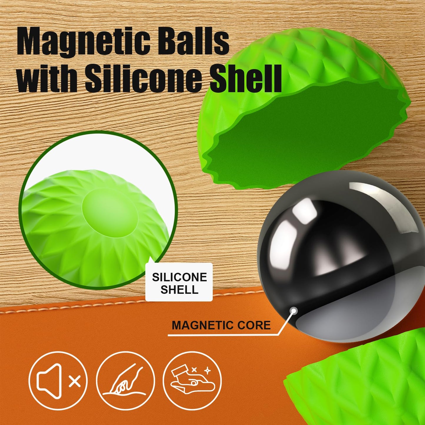 RIVGOT Silicone Magnetic Balls – 6-Pack Fidget Toy for Adults & Teens – Quiet, Textured Desk Toy (Green)