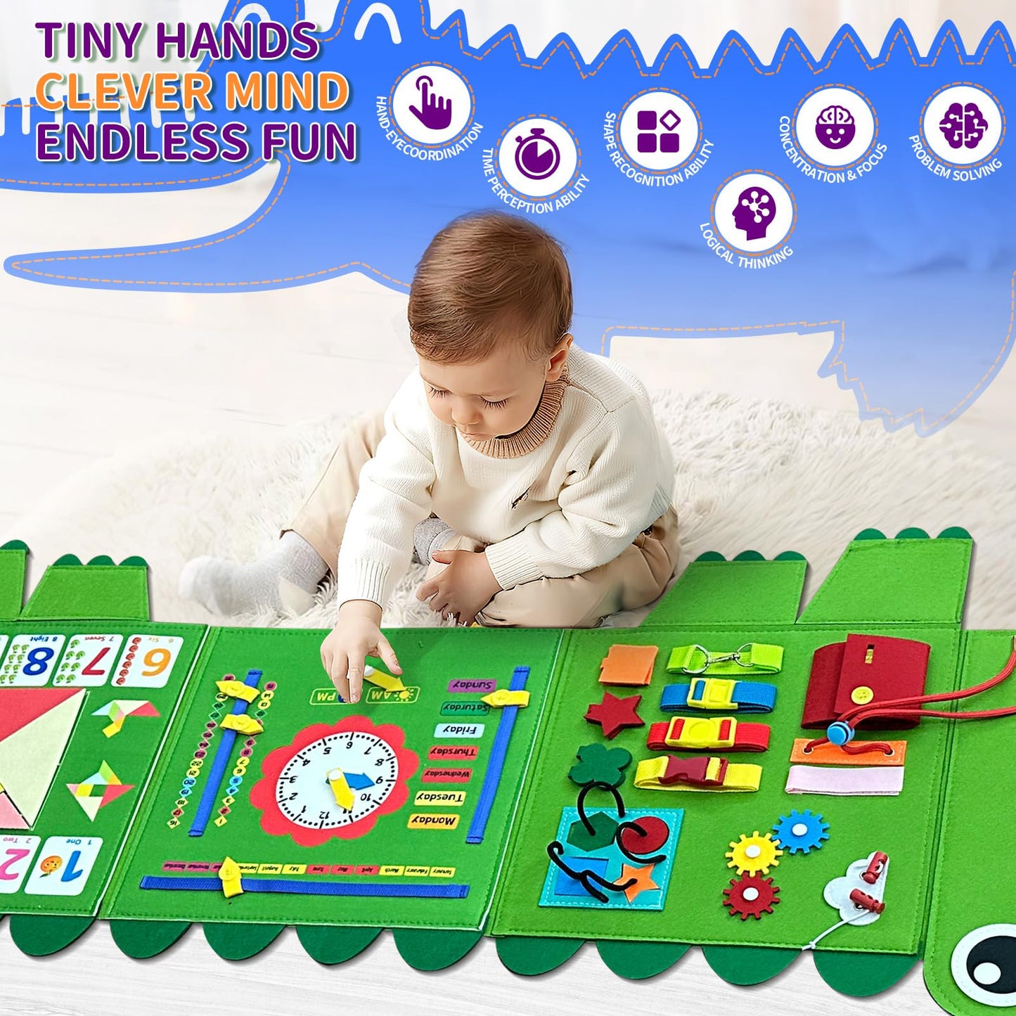 Rivibou Crocodile Foldable Montessori Busy Board for Toddlers (3+ Years) | Wall Panel
