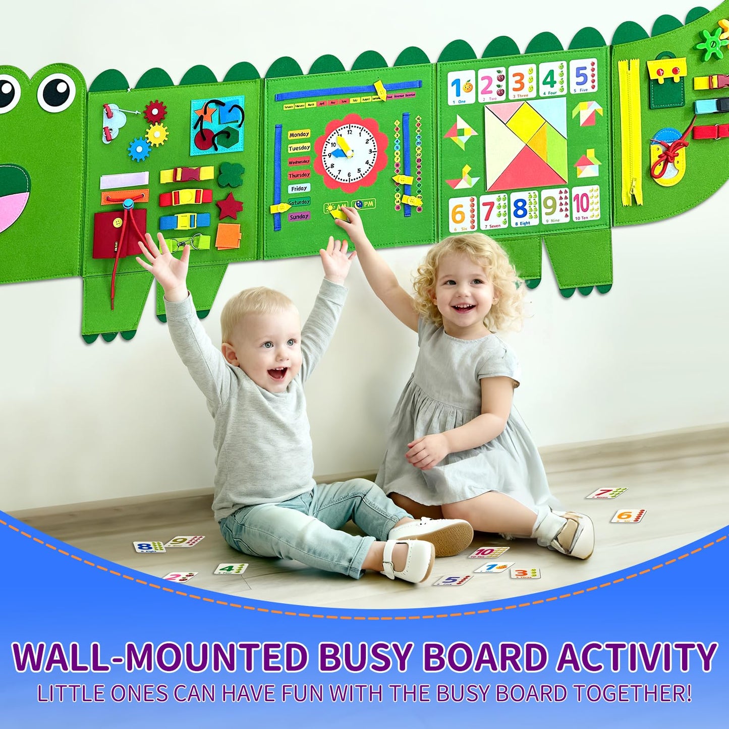 Rivibou Crocodile Foldable Montessori Busy Board for Toddlers (3+ Years) | Wall Panel