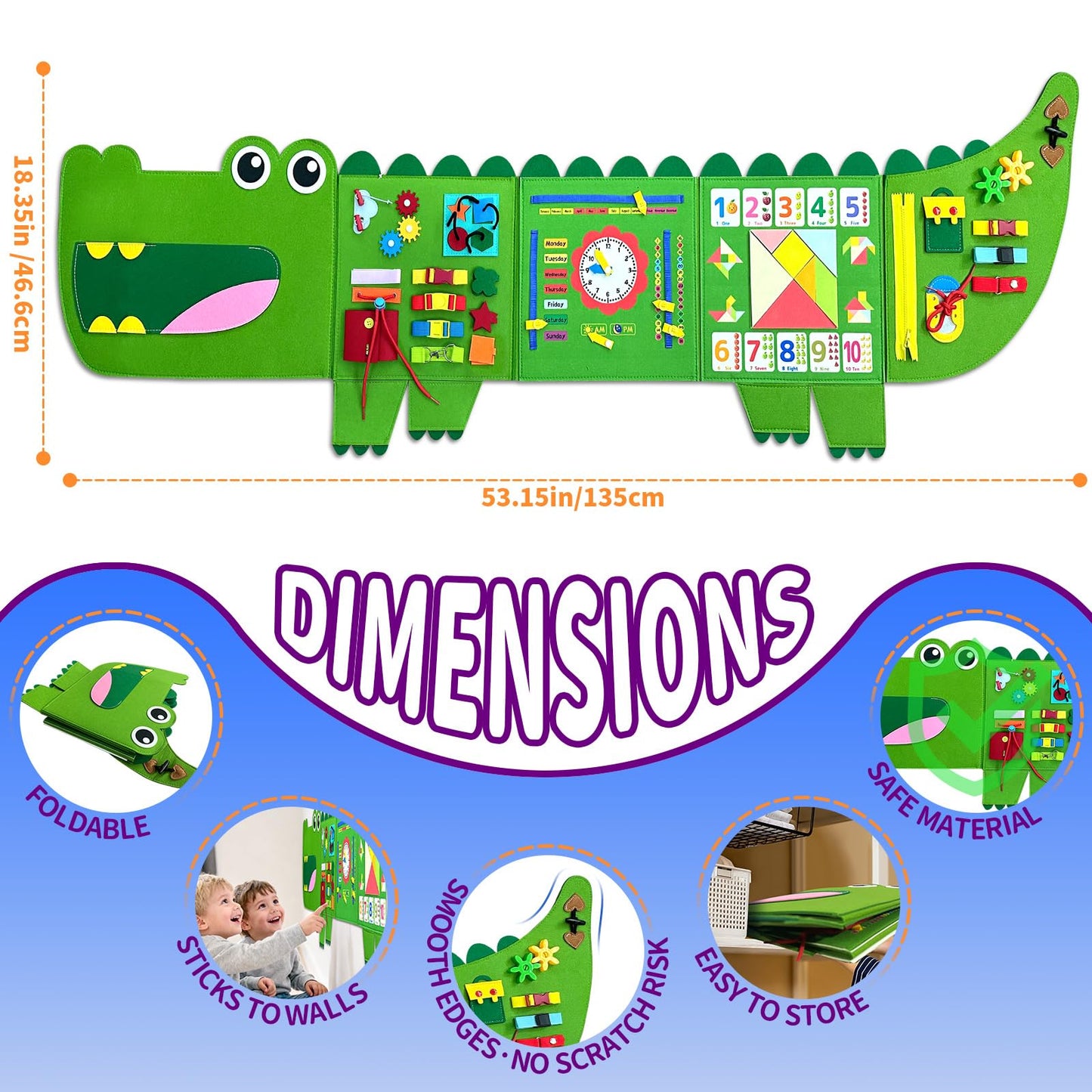 Rivibou Crocodile Foldable Montessori Busy Board for Toddlers (3+ Years) | Wall Panel
