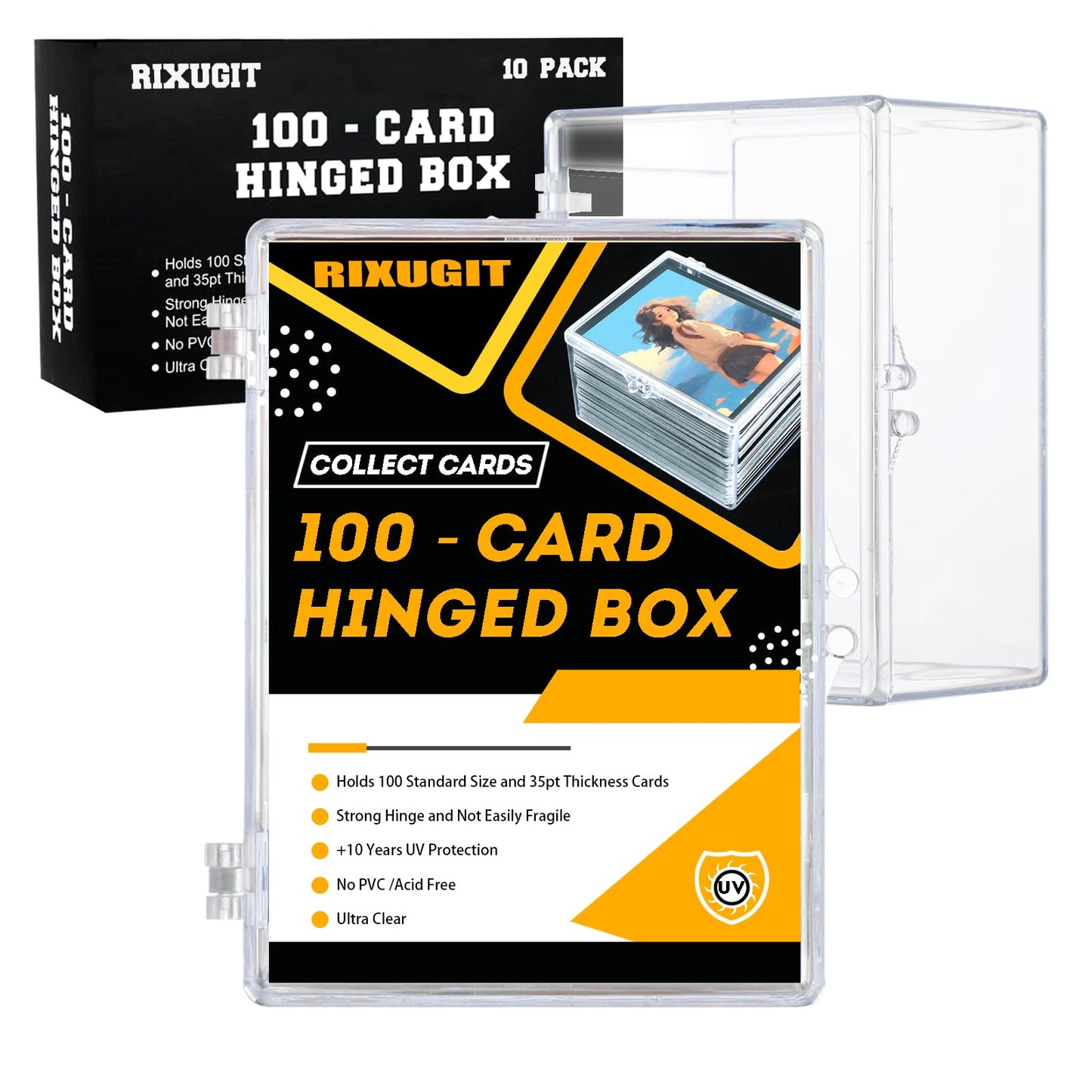 RIXUGIT 10-Pack 100-Count Deck-Case Card-Box – Hinged Trading Card Storage, Clear Box for Gaming, Sports & Playing Cards