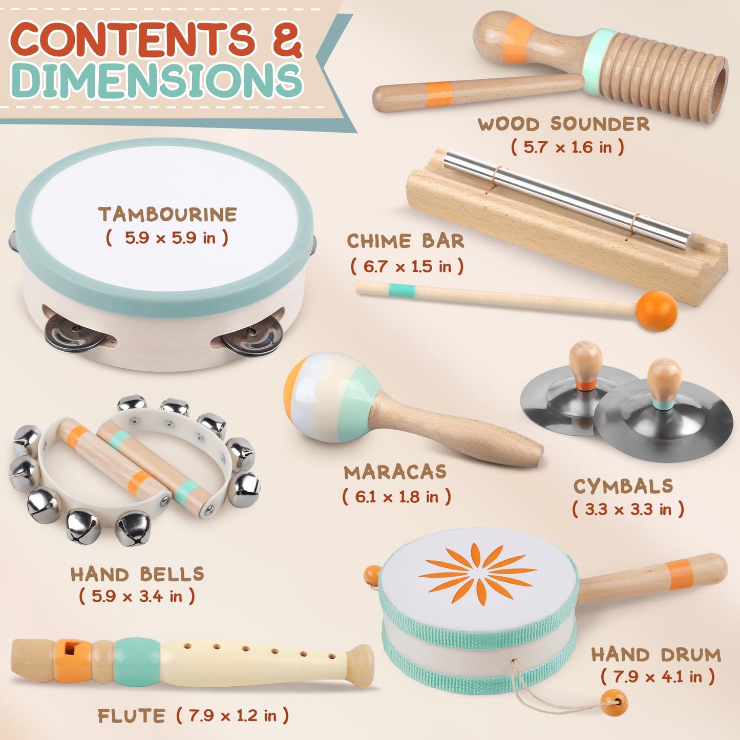 Rmischolar Baby Musical Instruments Set – Montessori Wooden Toys for Toddlers 1-3