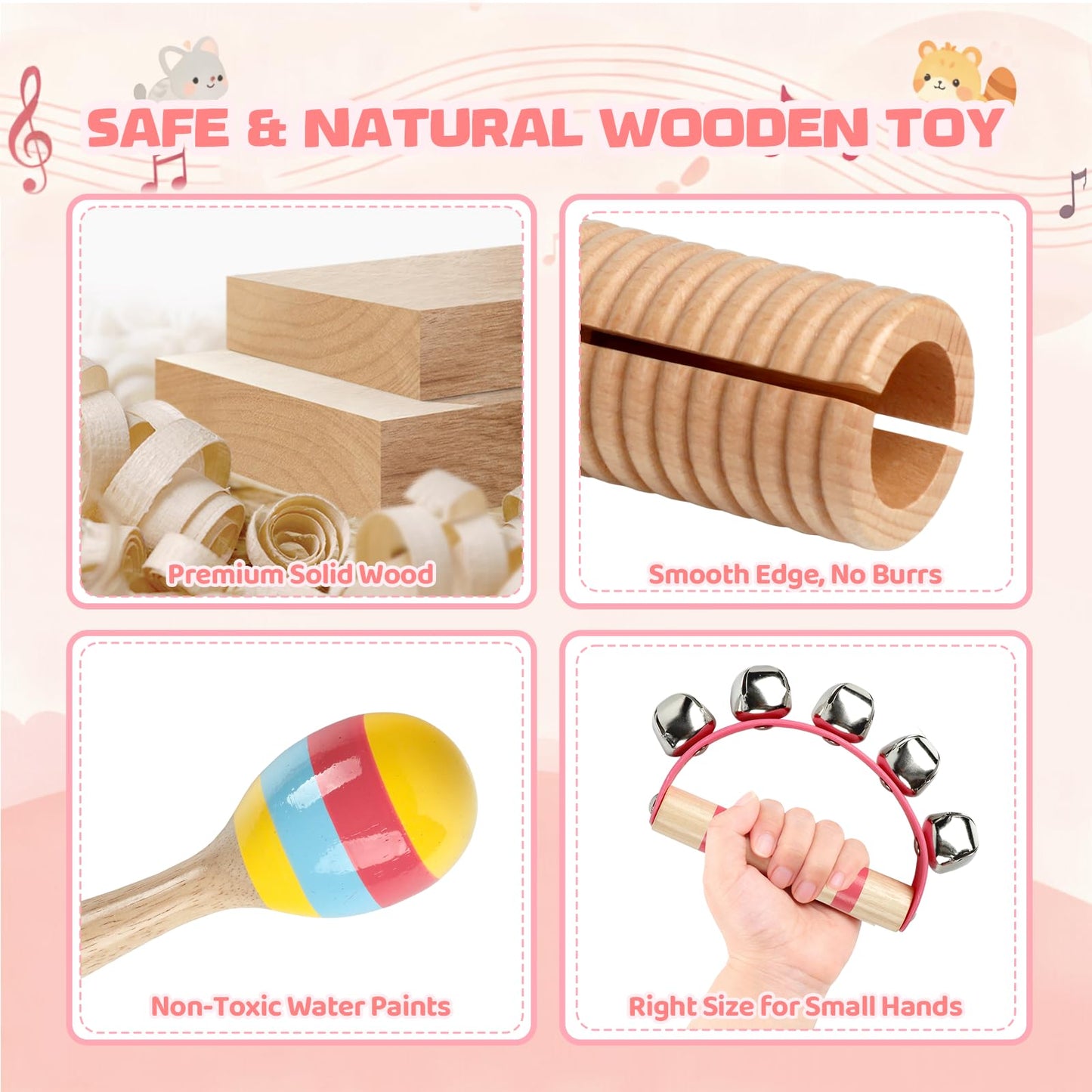 Rmischolar Baby Musical Instruments – Montessori Wooden Toys for Toddlers (Pink)