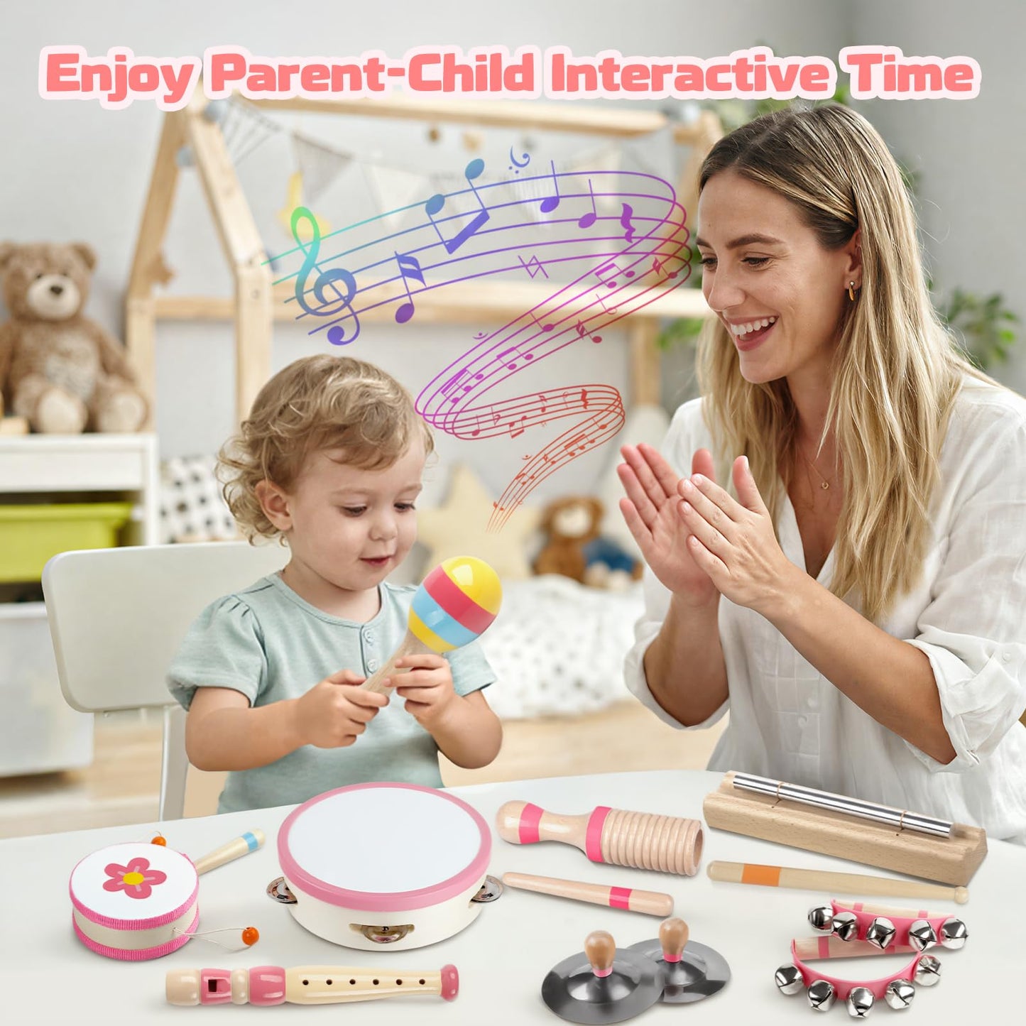 Rmischolar Baby Musical Instruments – Montessori Wooden Toys for Toddlers (Pink)
