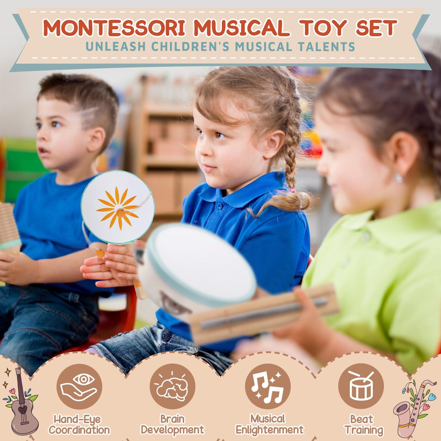 Rmischolar Baby Musical Instruments Set – Montessori Wooden Toys for Toddlers 1-3