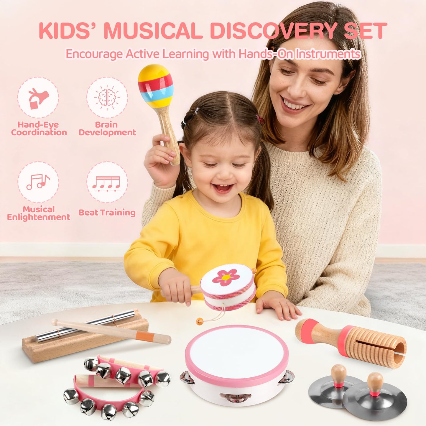 Rmischolar Baby Musical Instruments – Montessori Wooden Toys for Toddlers (Pink)