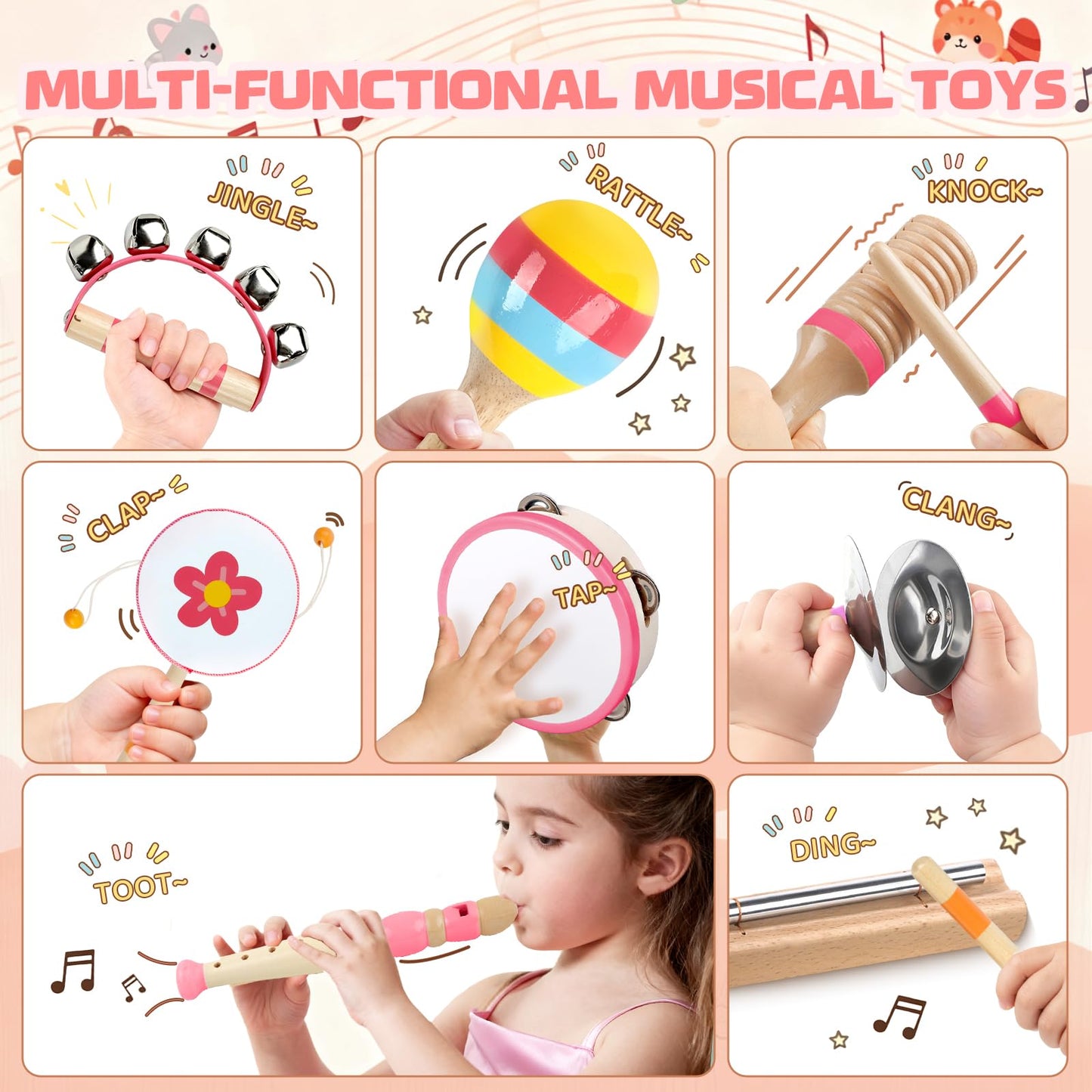 Rmischolar Baby Musical Instruments – Montessori Wooden Toys for Toddlers (Pink)