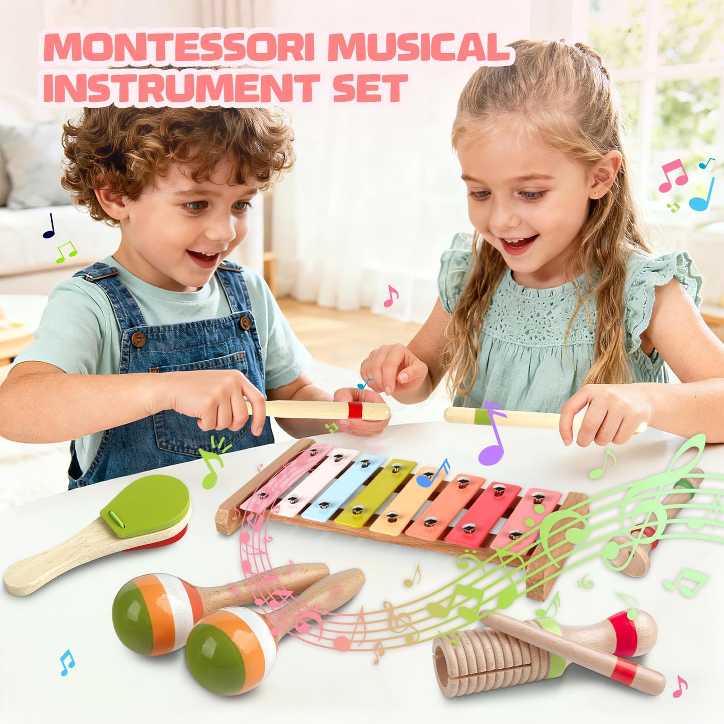 Rmischolar Baby Musical Instruments – Montessori Wooden Toys for Toddlers 1-3 (Rainbow)