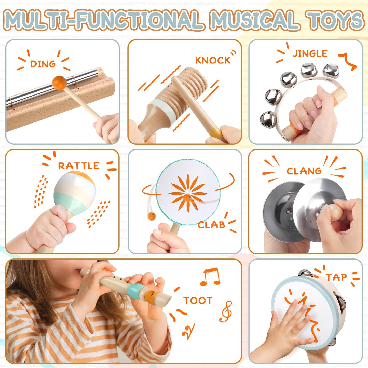Rmischolar Baby Musical Instruments Set – Montessori Wooden Toys for Toddlers 1-3