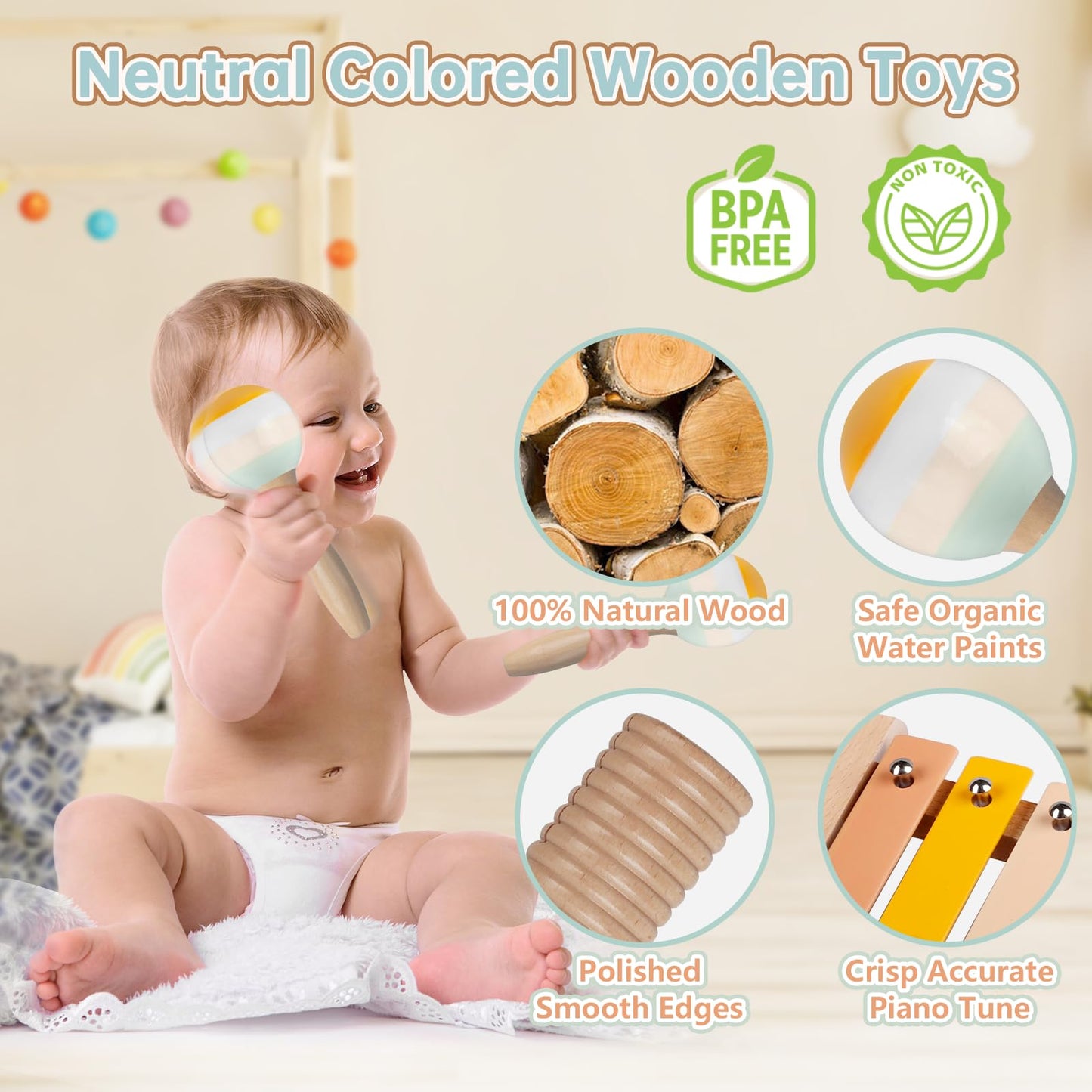 Rmischolar Baby Musical Instruments – Neutral Montessori Wooden Set for Toddlers 1-3