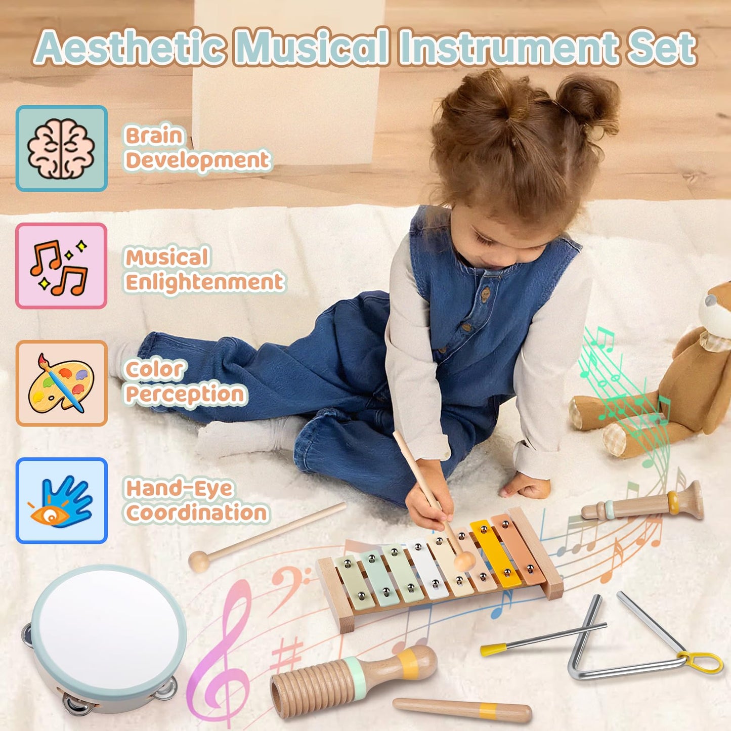 Rmischolar Baby Musical Instruments – Neutral Montessori Wooden Set for Toddlers 1-3