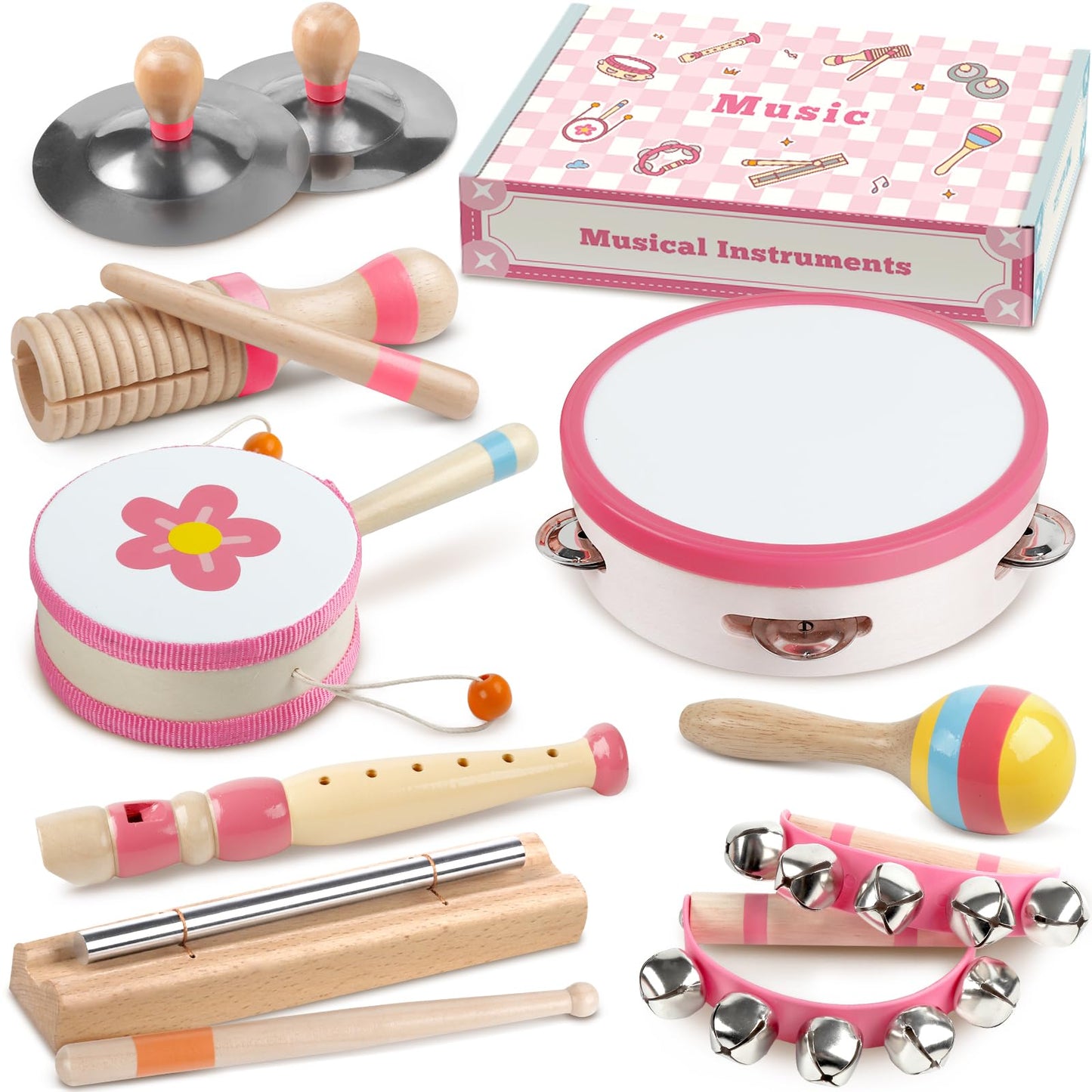 Rmischolar Baby Musical Instruments – Montessori Wooden Toys for Toddlers (Pink)