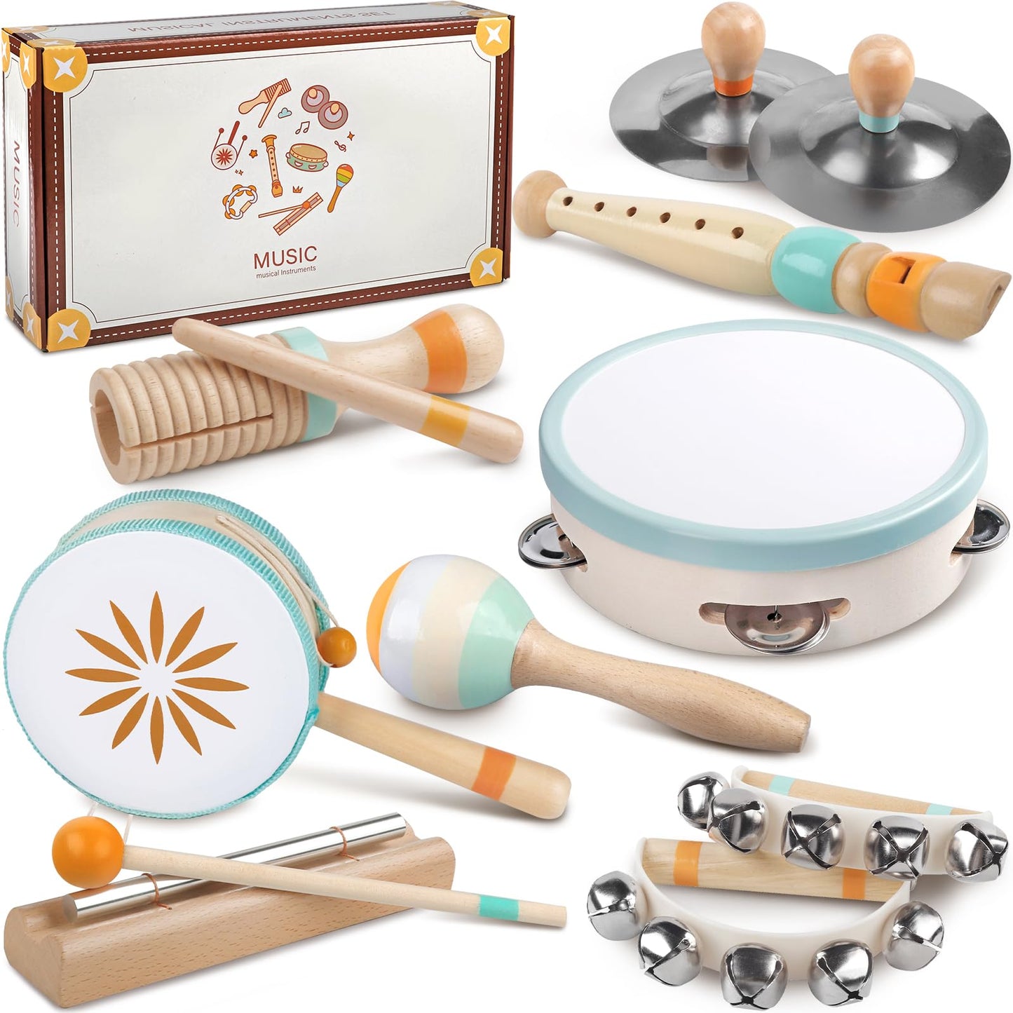 Rmischolar Baby Musical Instruments Set – Montessori Wooden Toys for Toddlers 1-3