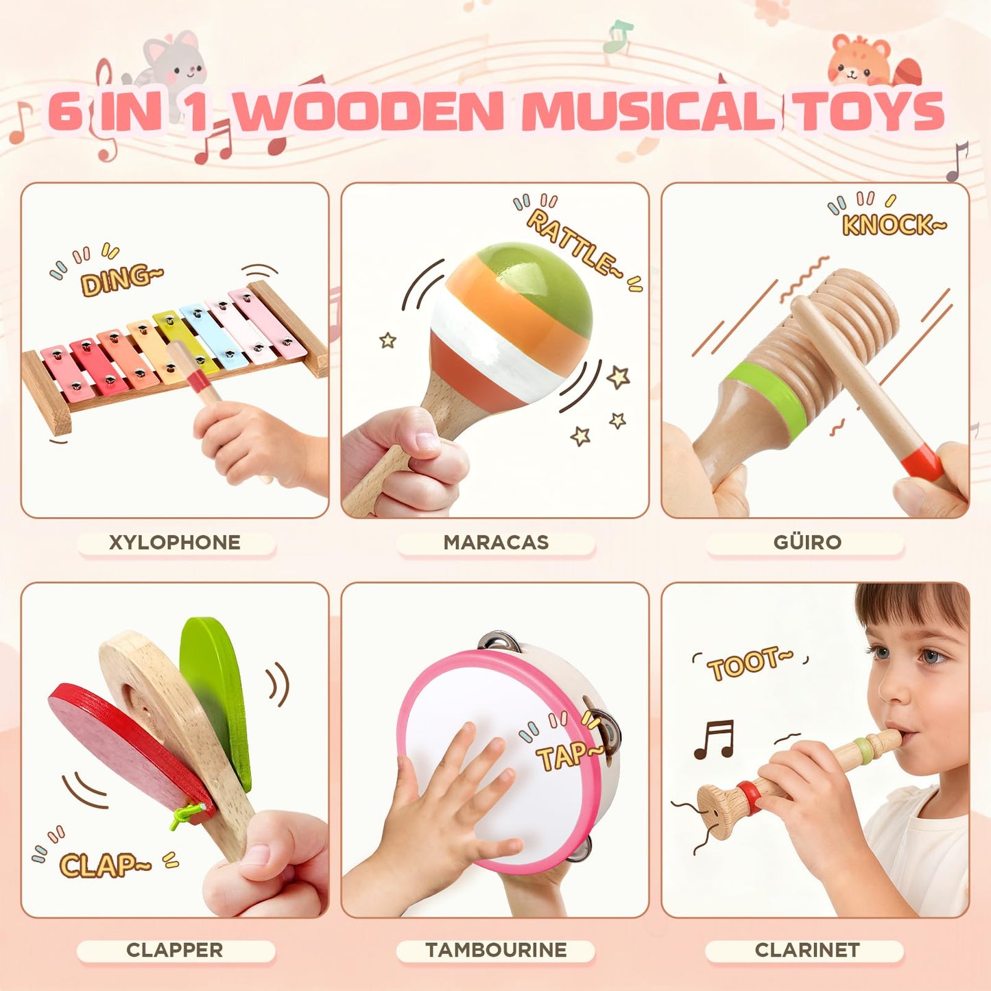 Rmischolar Baby Musical Instruments – Montessori Wooden Toys for Toddlers 1-3 (Rainbow)