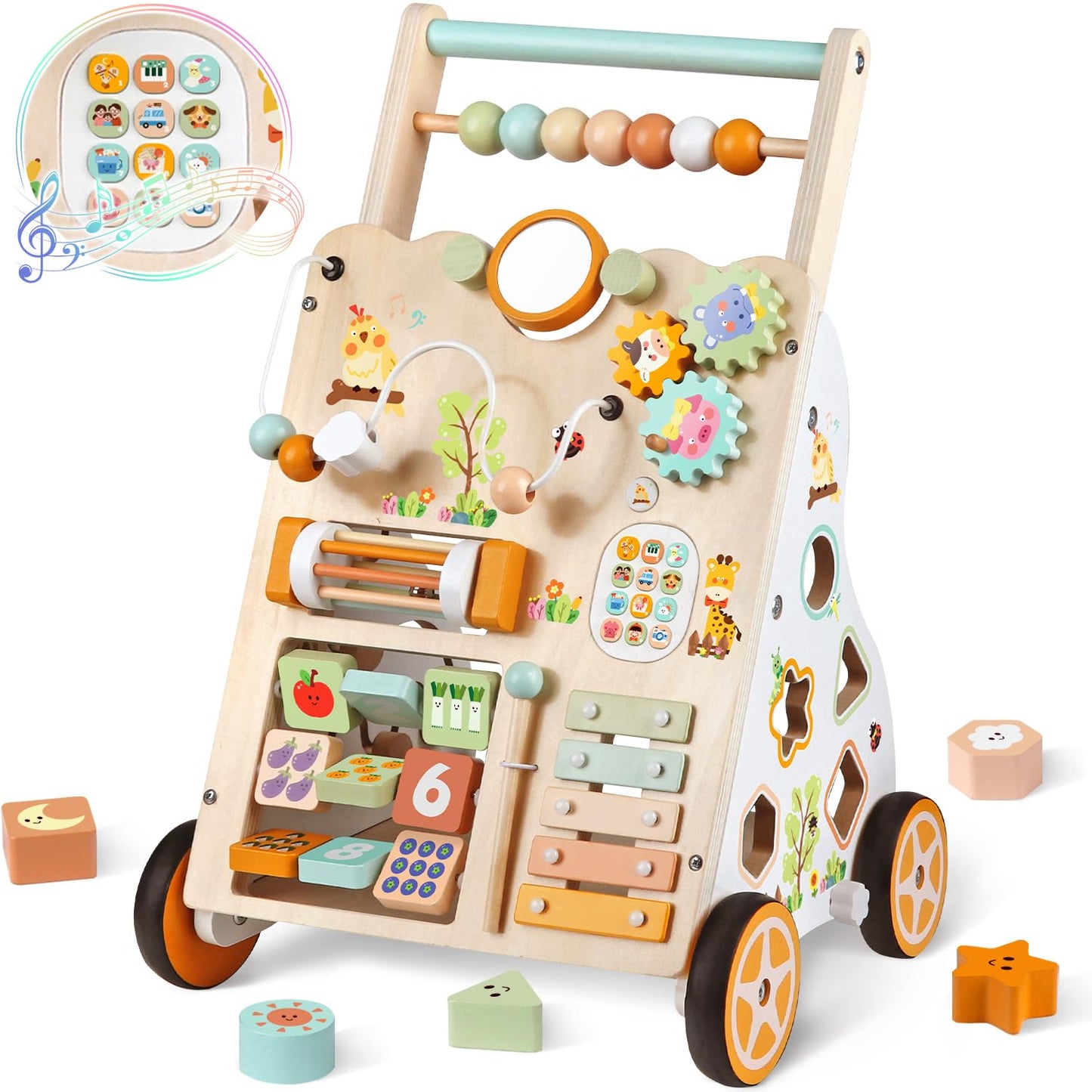Rmischolar Baby Push Walker – Wooden Montessori Toddler Walker with Adjustable Height