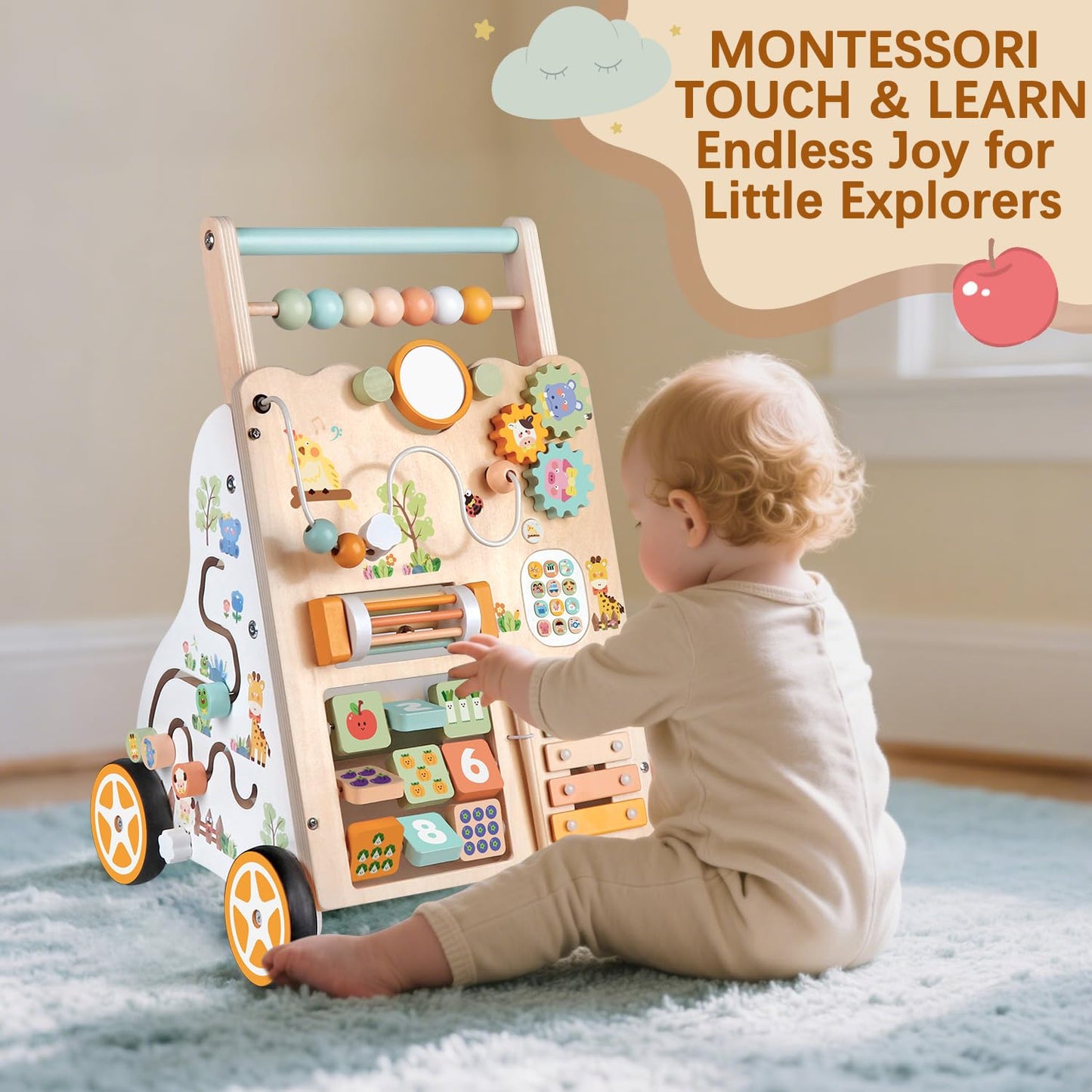 Rmischolar Baby Push Walker – Wooden Montessori Toddler Walker with Adjustable Height