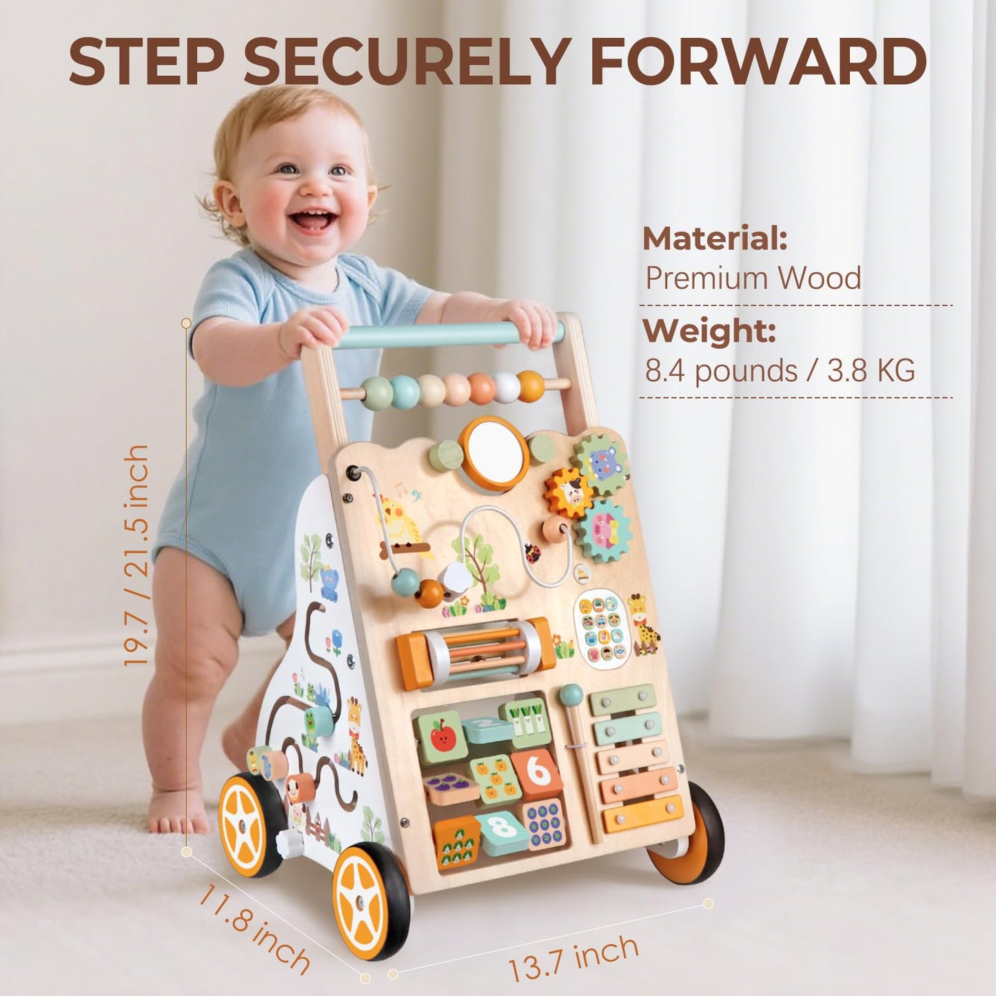 Rmischolar Baby Push Walker – Wooden Montessori Toddler Walker with Adjustable Height