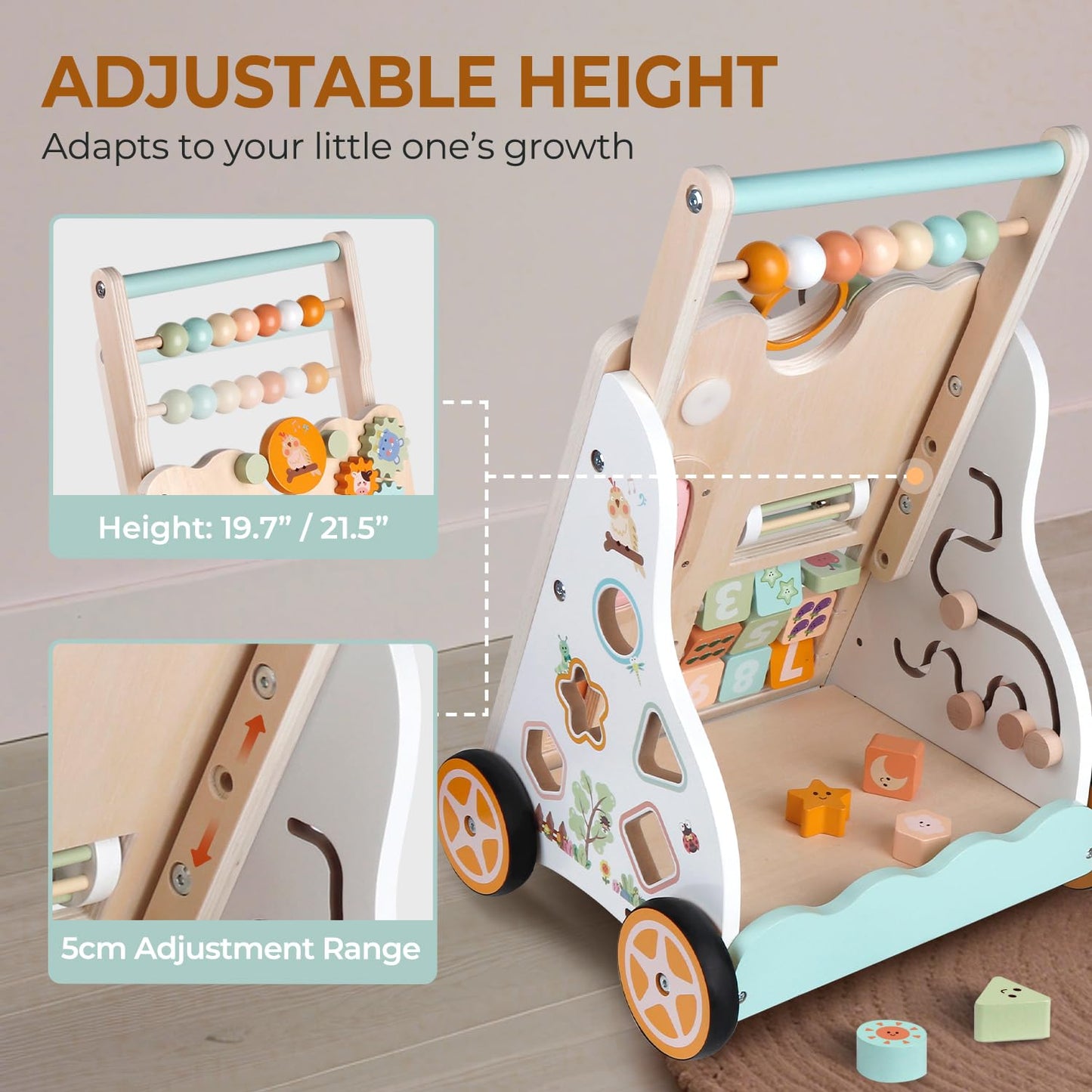 Rmischolar Baby Push Walker – Wooden Montessori Toddler Walker with Adjustable Height