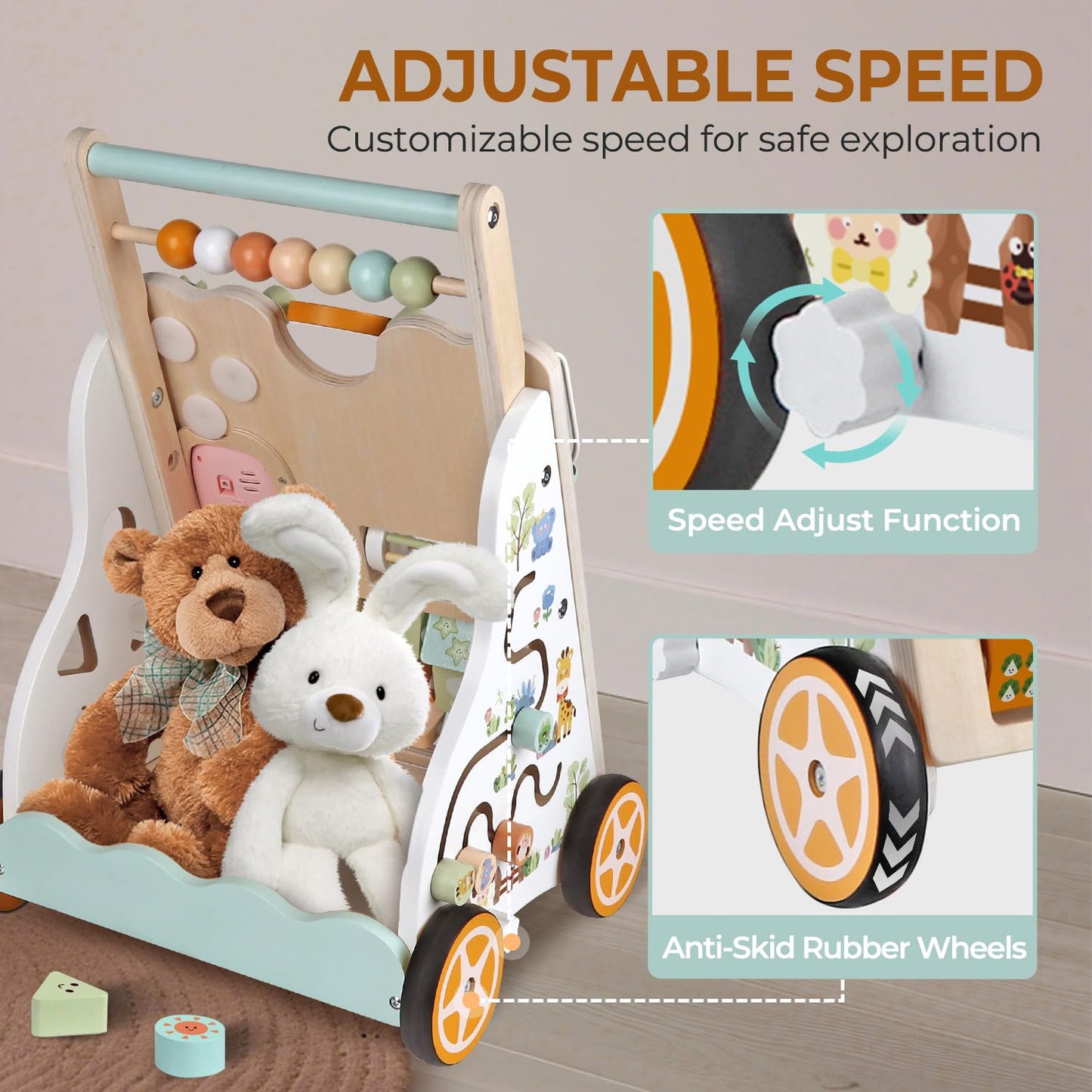 Rmischolar Baby Push Walker – Wooden Montessori Toddler Walker with Adjustable Height