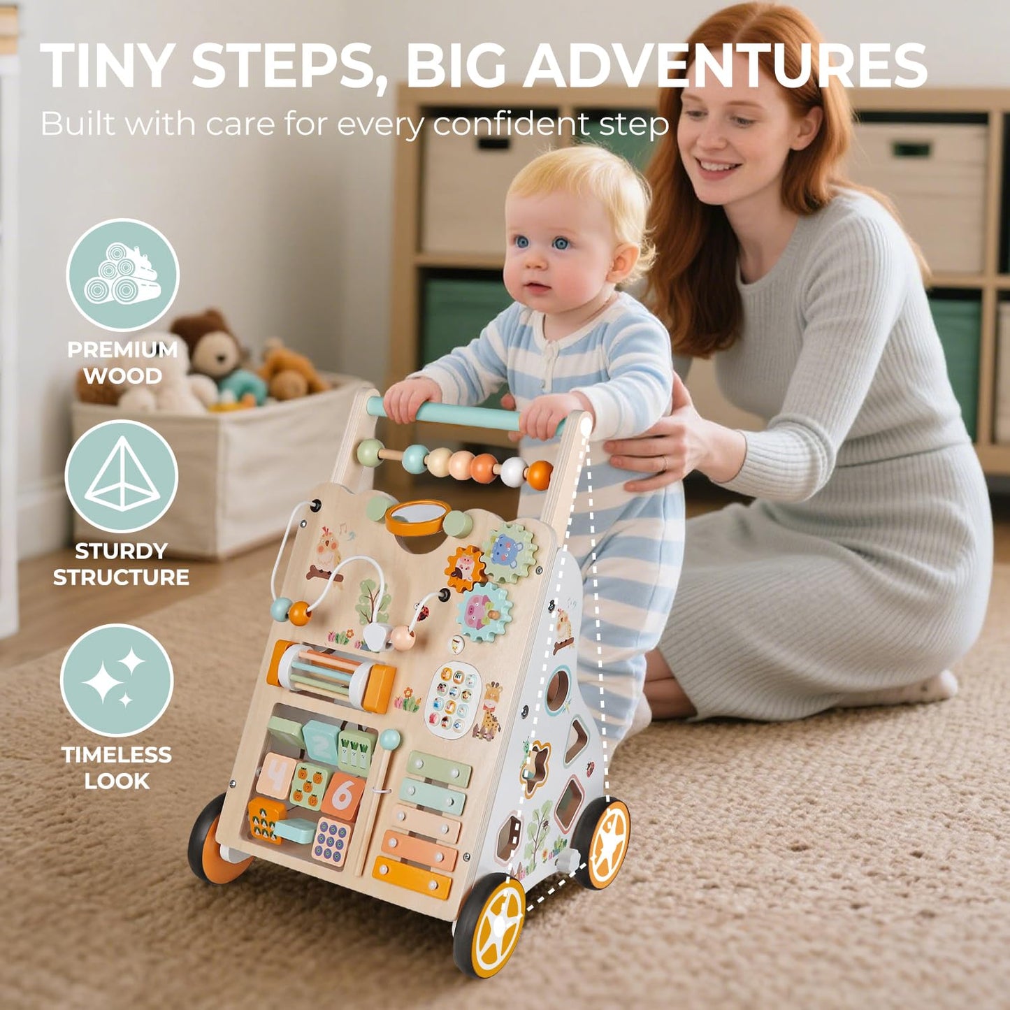 Rmischolar Baby Push Walker – Wooden Montessori Toddler Walker with Adjustable Height