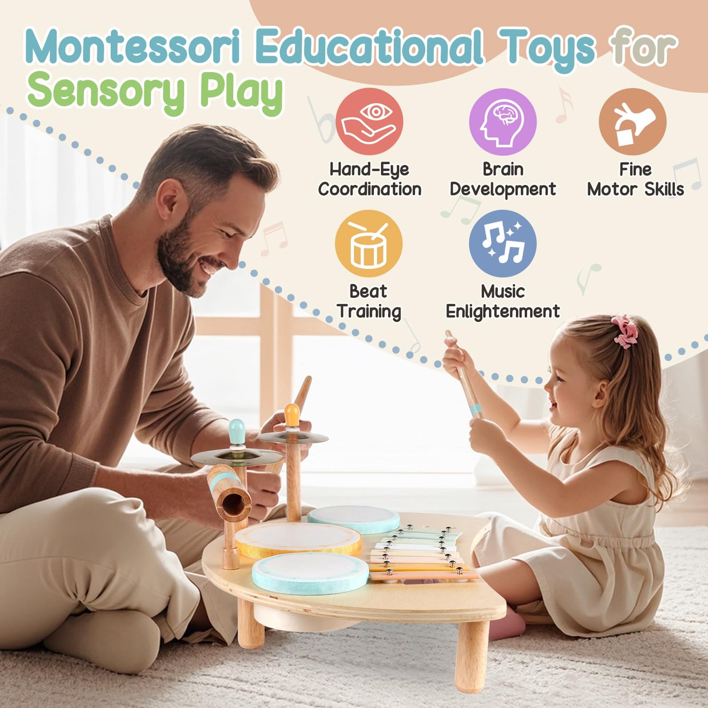 Rmischolar Kids Drum Set | Montessori Wooden Musical Toys for Toddlers 1–3