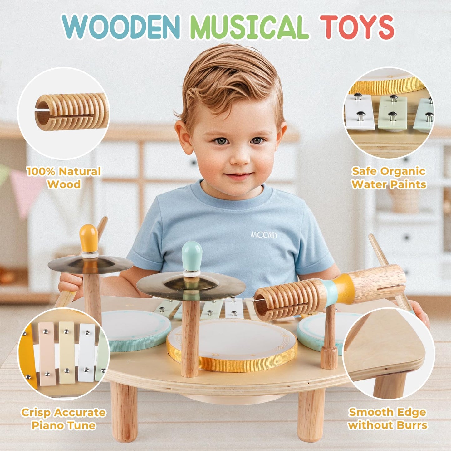 Rmischolar Kids Drum Set | Montessori Wooden Musical Toys for Toddlers 1–3