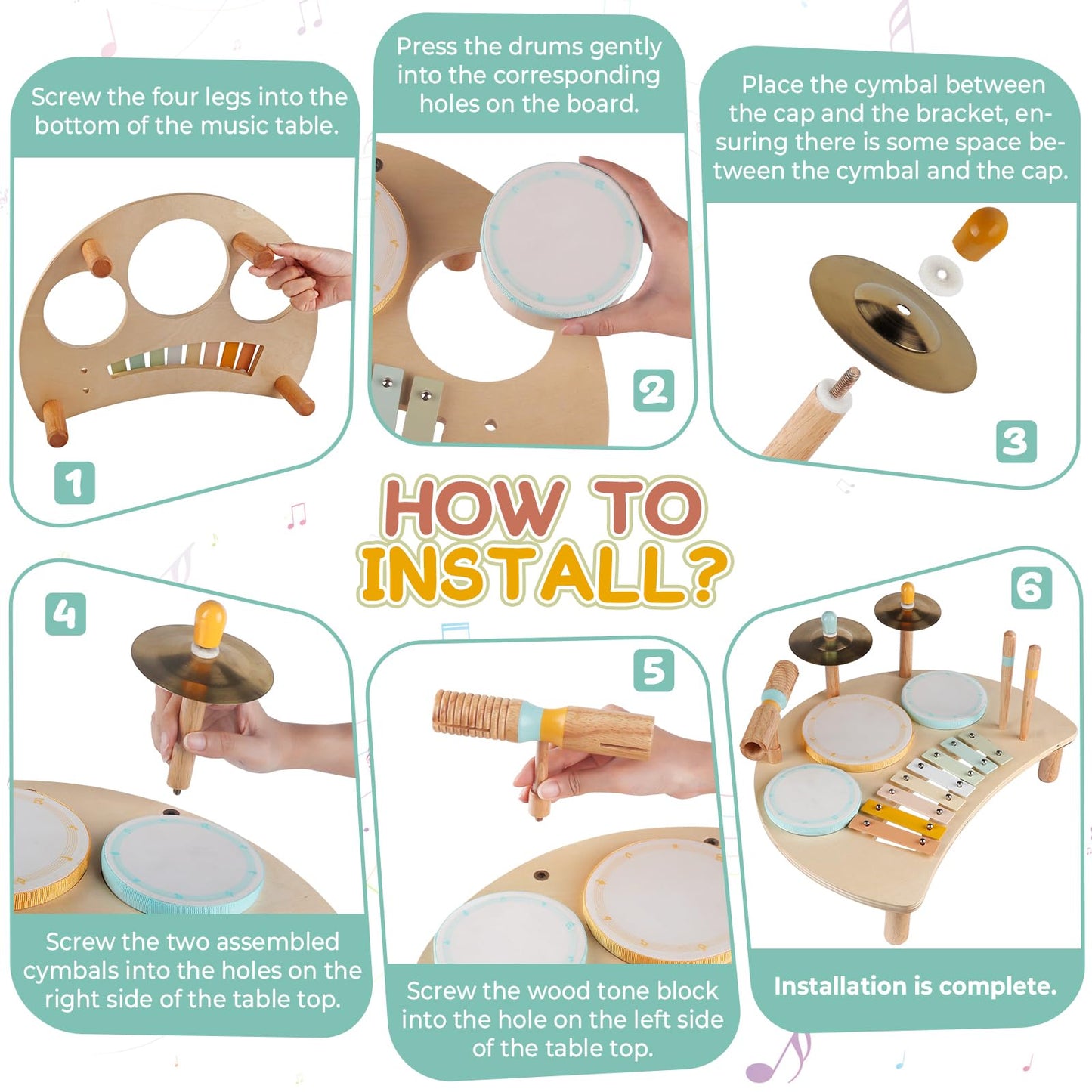 Rmischolar Kids Drum Set | Montessori Wooden Musical Toys for Toddlers 1–3