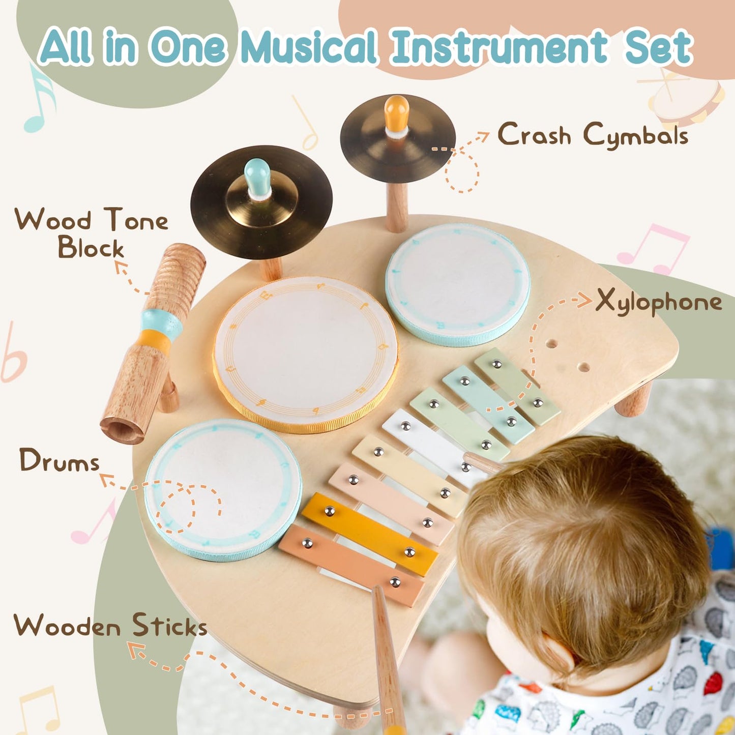 Rmischolar Kids Drum Set | Montessori Wooden Musical Toys for Toddlers 1–3