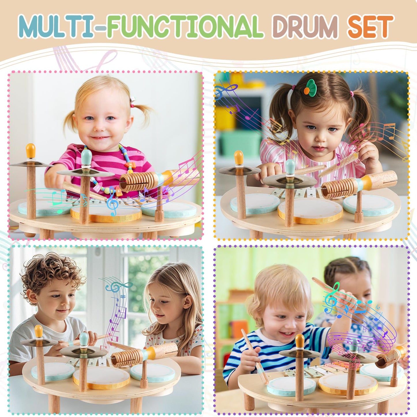 Rmischolar Kids Drum Set | Montessori Wooden Musical Toys for Toddlers 1–3
