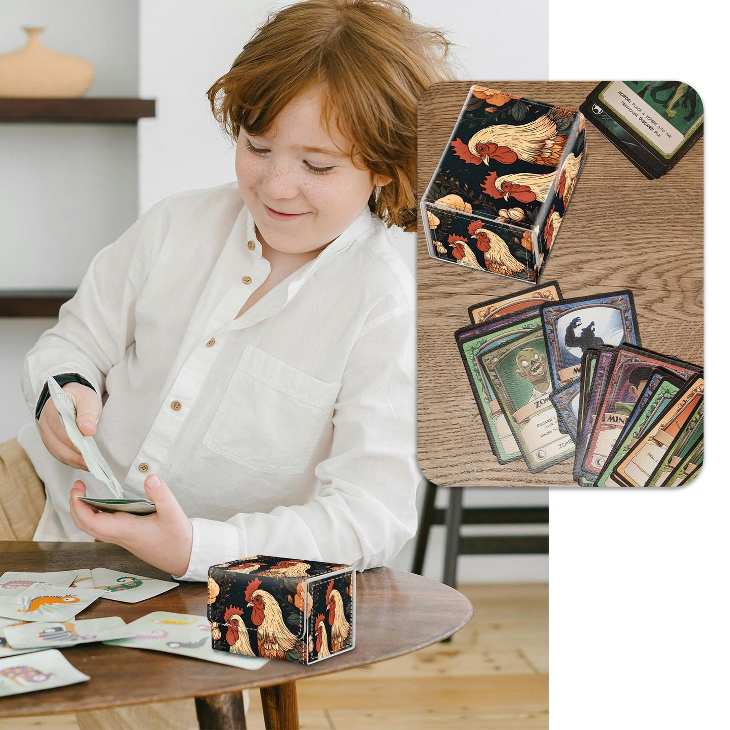 RMJKXQZG Magnetic Deck Box – 200+ Card Capacity, Chickens & Flowers Pattern