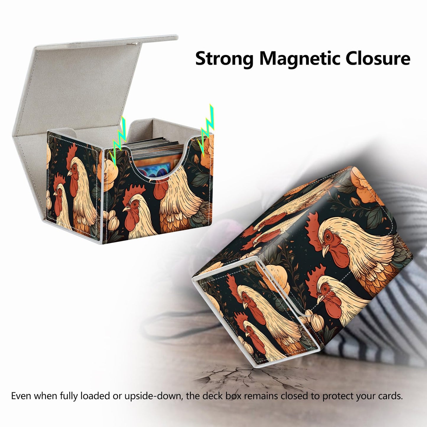RMJKXQZG Magnetic Deck Box – 200+ Card Capacity, Chickens & Flowers Pattern