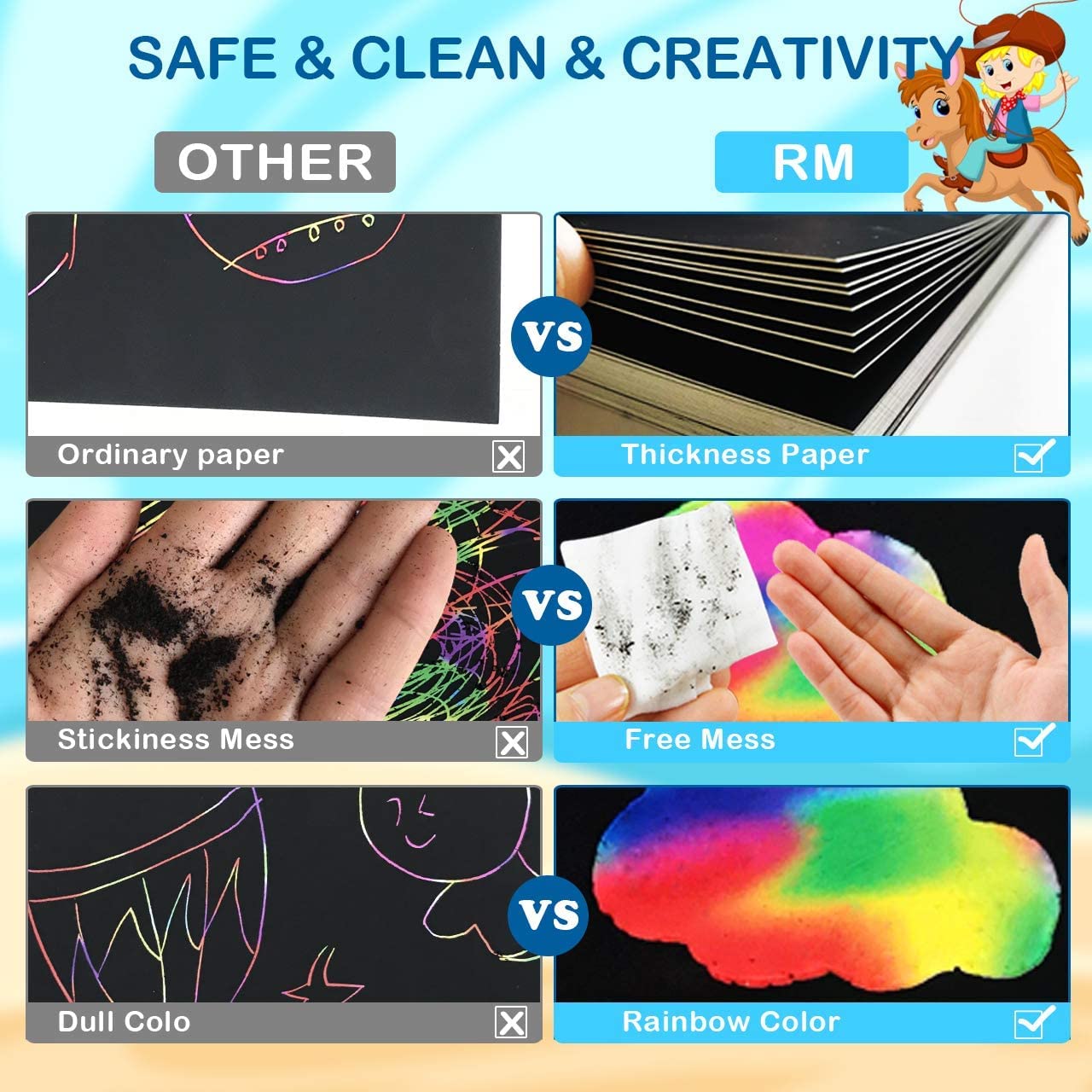 RMJOY Rainbow Scratch Paper Art Set — 50Pcs Creative Craft Kit for Kids 4-9