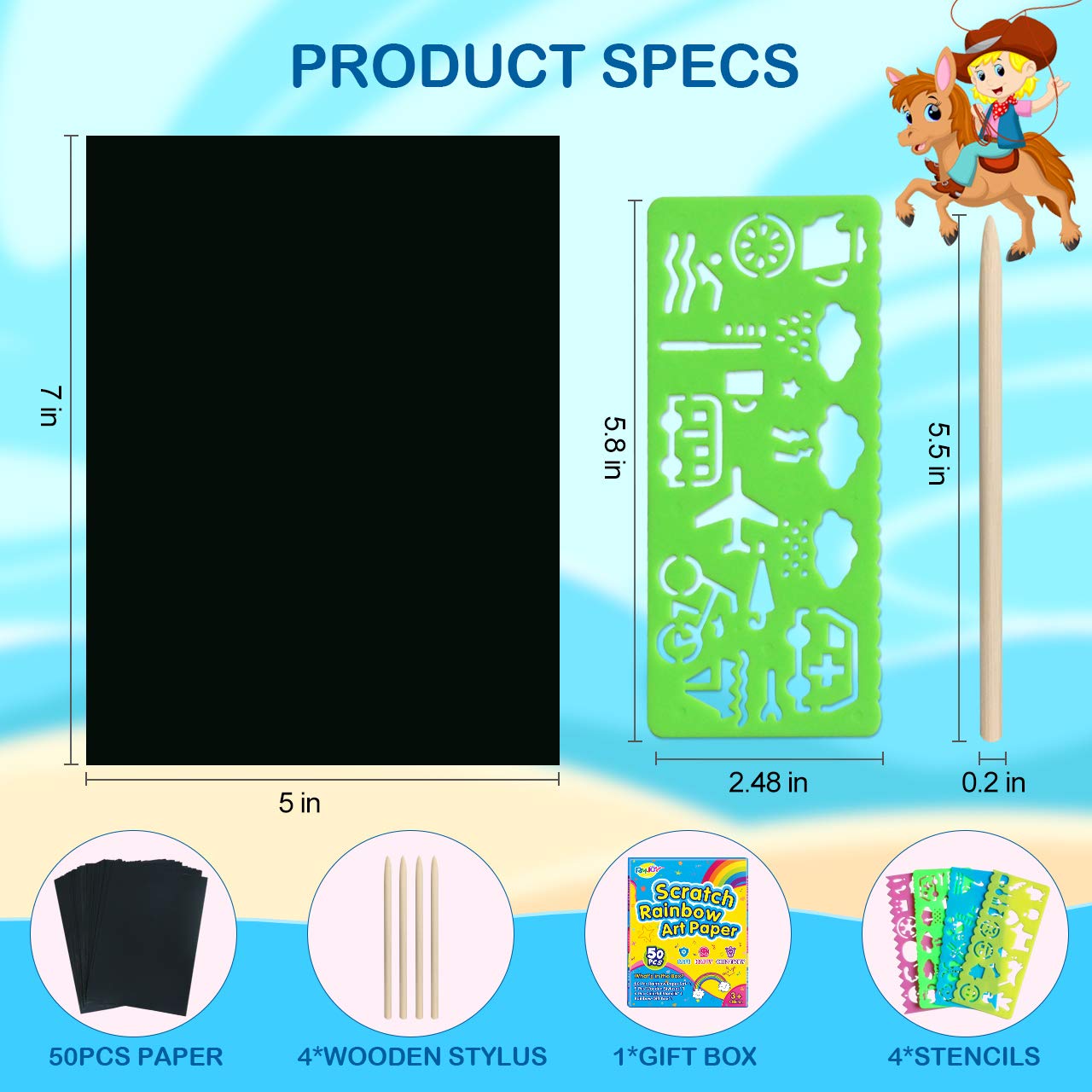 RMJOY Rainbow Scratch Paper Art Set — 50Pcs Creative Craft Kit for Kids 4-9