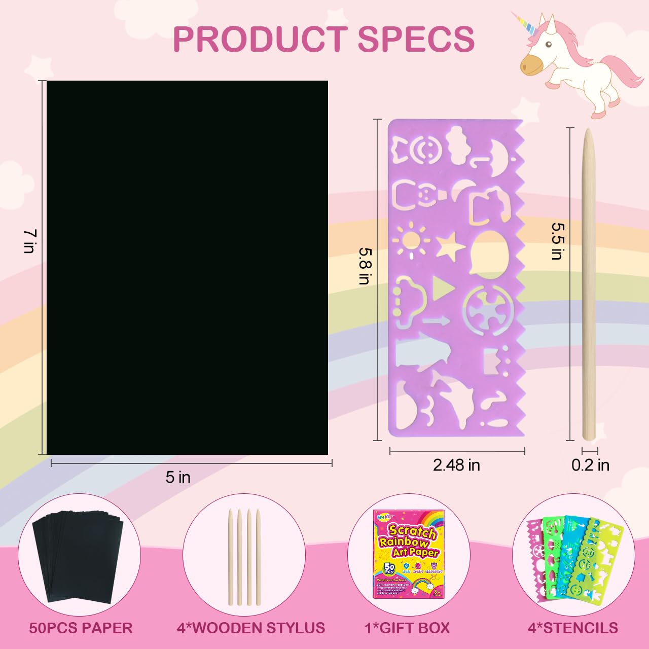 RMJOY Rainbow Scratch Paper Art Kit – 50 Scratch Papers, 5 Styluses, 4 Stencils, 59-Piece Rainbow Craft Set for Kids