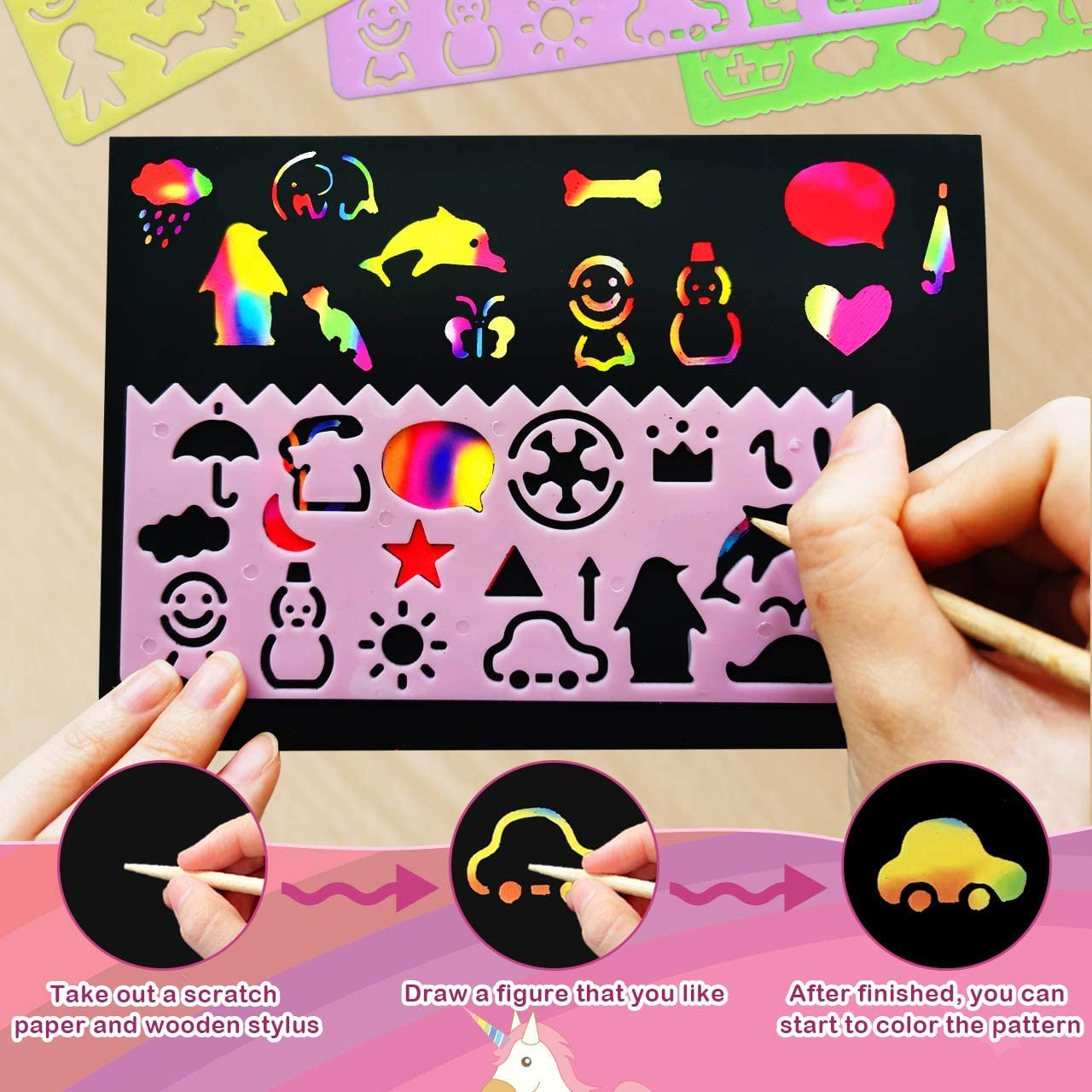 RMJOY Rainbow Scratch Paper Art Kit – 50 Scratch Papers, 5 Styluses, 4 Stencils, 59-Piece Rainbow Craft Set for Kids