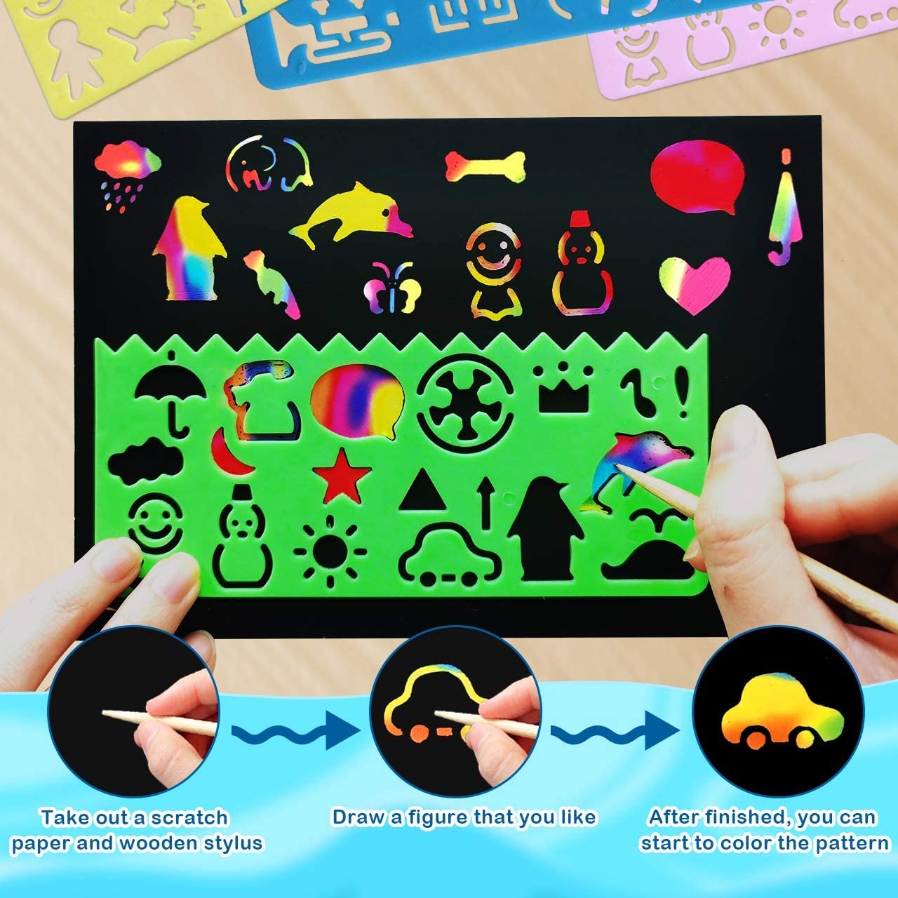 RMJOY Rainbow Scratch Paper Art Set — 50Pcs Creative Craft Kit for Kids 4-9