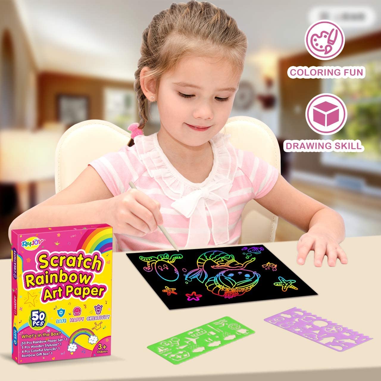 RMJOY Rainbow Scratch Paper Art Kit – 50 Scratch Papers, 5 Styluses, 4 Stencils, 59-Piece Rainbow Craft Set for Kids