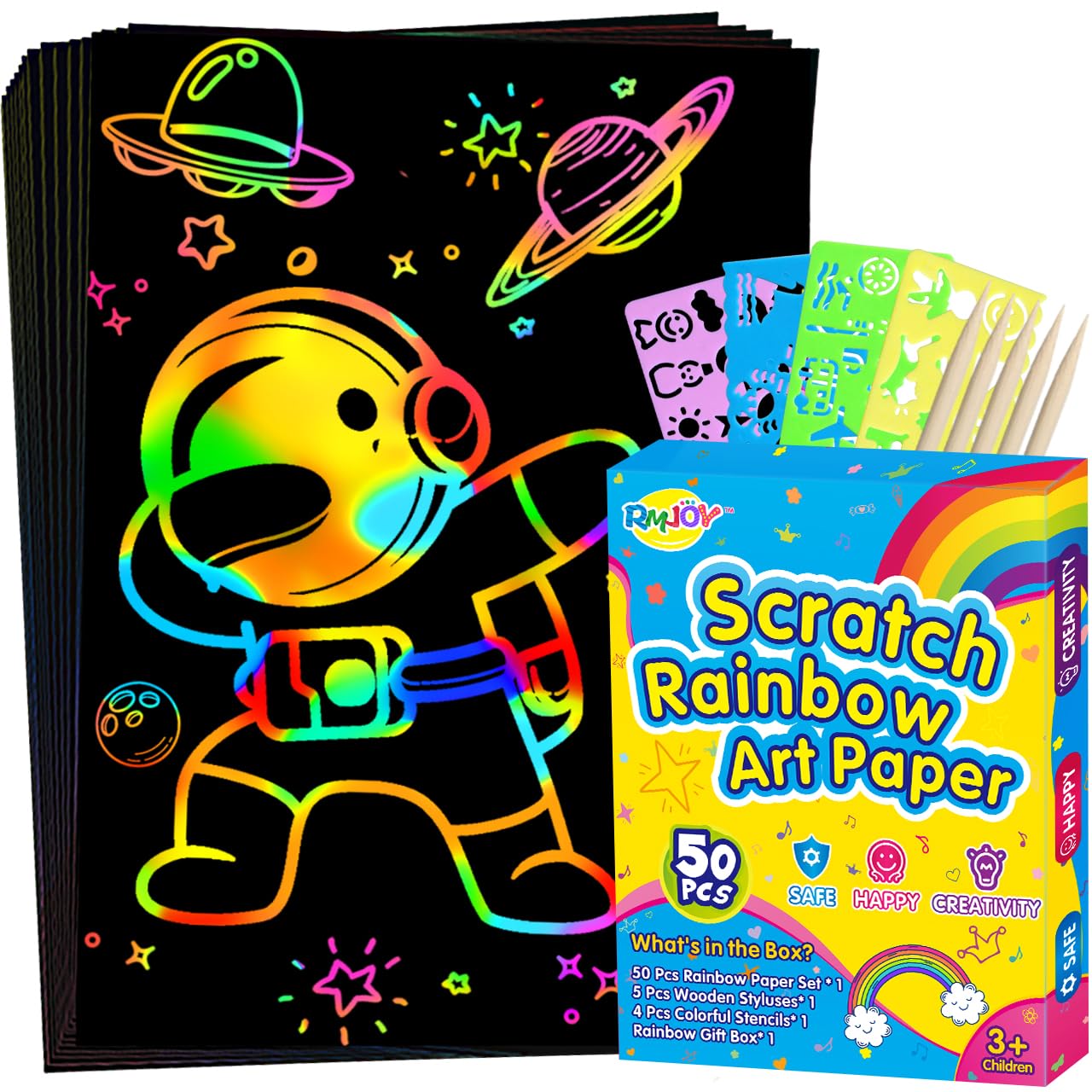 RMJOY Rainbow Scratch Paper Art Set — 50Pcs Creative Craft Kit for Kids 4-9