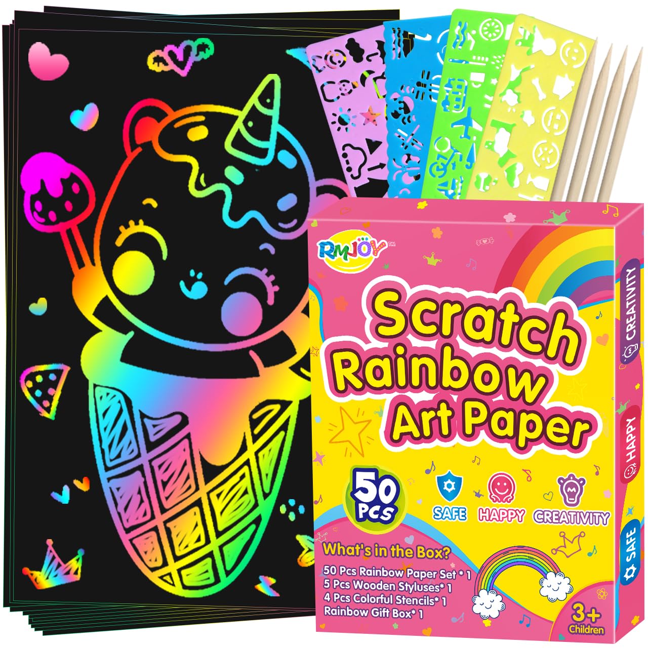 RMJOY Rainbow Scratch Paper Art Kit – 50 Scratch Papers, 5 Styluses, 4 Stencils, 59-Piece Rainbow Craft Set for Kids