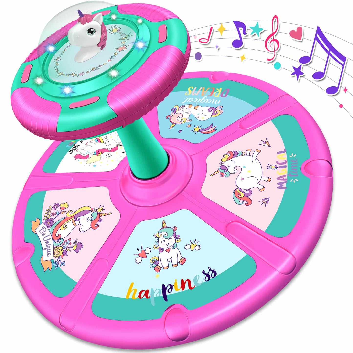 RMOKA Unicorn Sit and Spin Toy for Toddlers – 360° Spin, LED Lights & Music