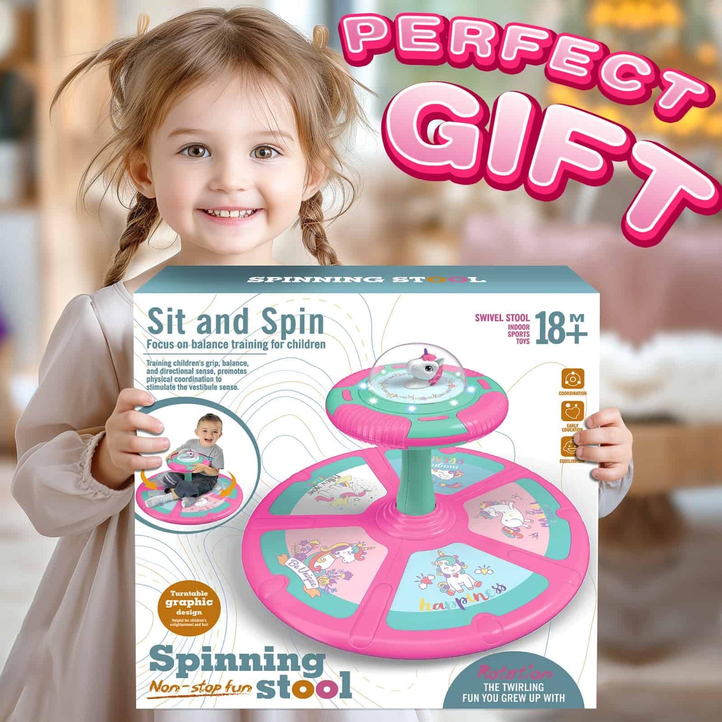 RMOKA Unicorn Sit and Spin Toy for Toddlers – 360° Spin, LED Lights & Music