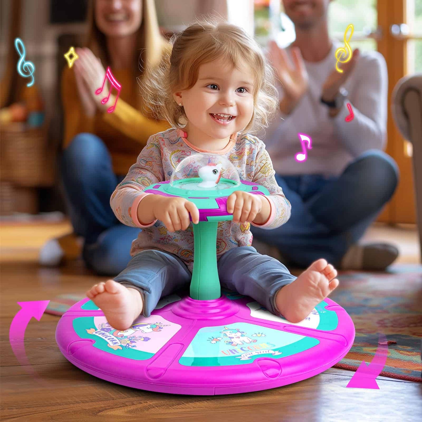 RMOKA Unicorn Sit and Spin Toy for Toddlers – 360° Spin, LED Lights & Music
