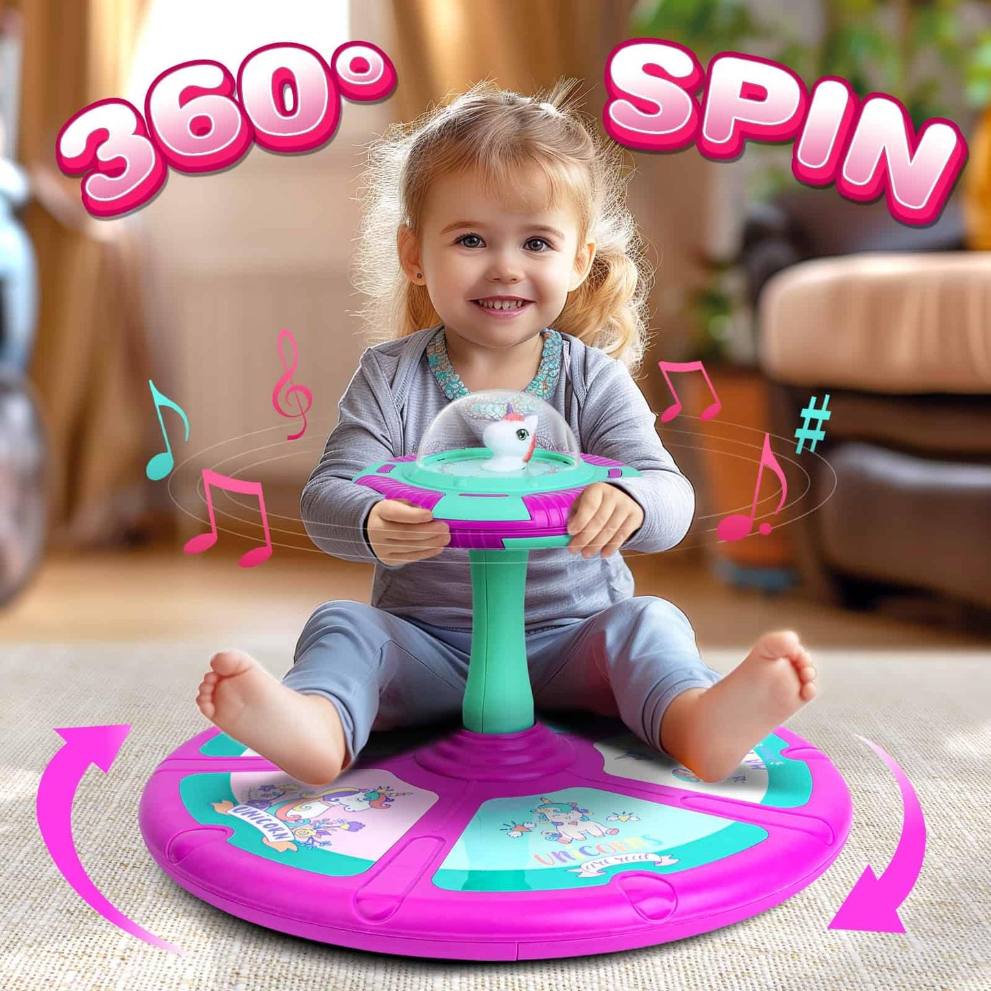 RMOKA Unicorn Sit and Spin Toy for Toddlers – 360° Spin, LED Lights & Music