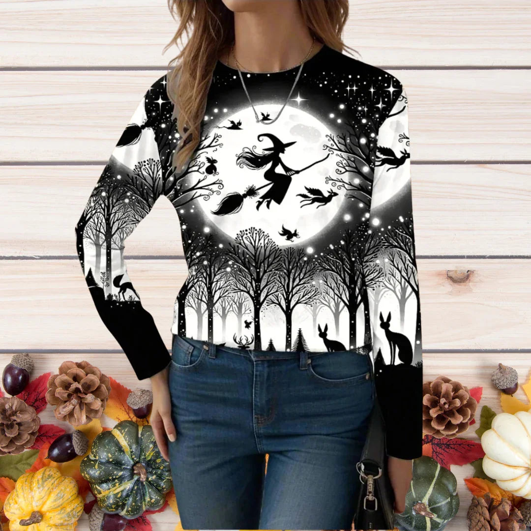 Women's Halloween Sweatshirts – Witch, Pumpkin & Cat Print Long Sleeve Crew Neck Sweater | Casual Autumn/Winter Top with Slight Stretch