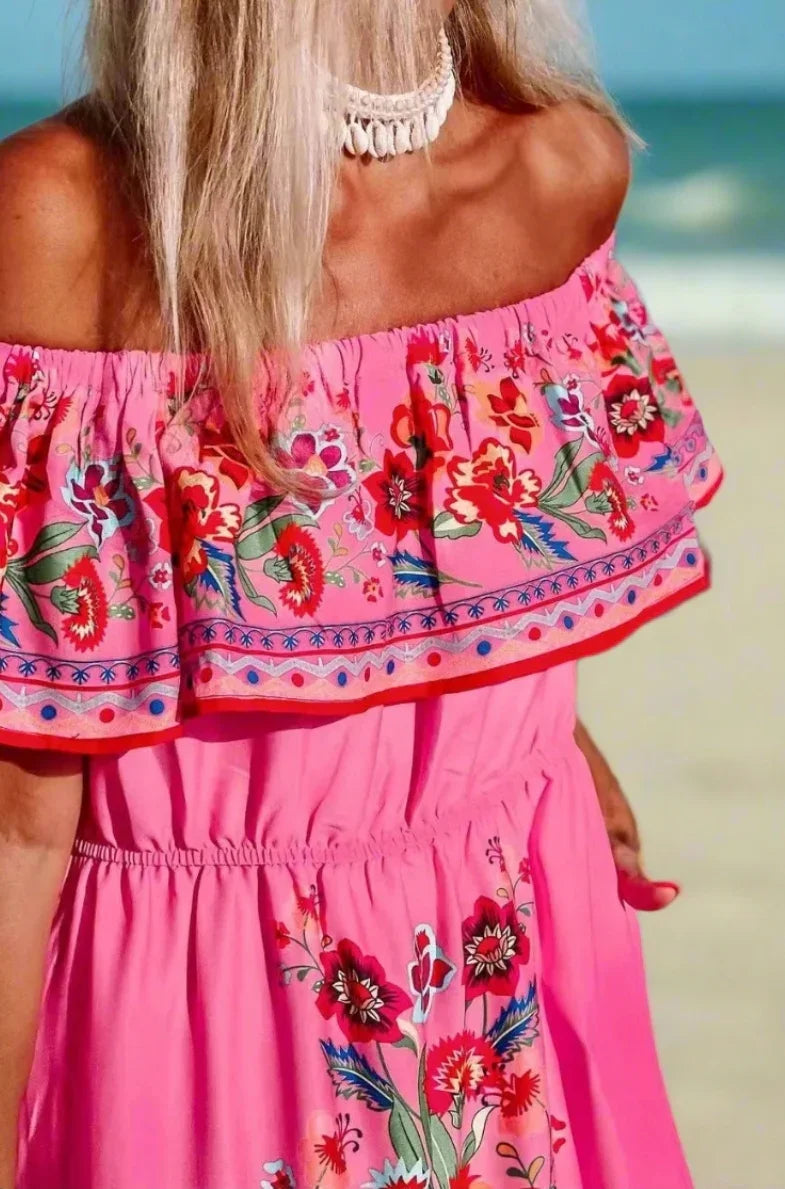 Elegant One-Shoulder Floral Maxi Dress with Lace-Up Waist