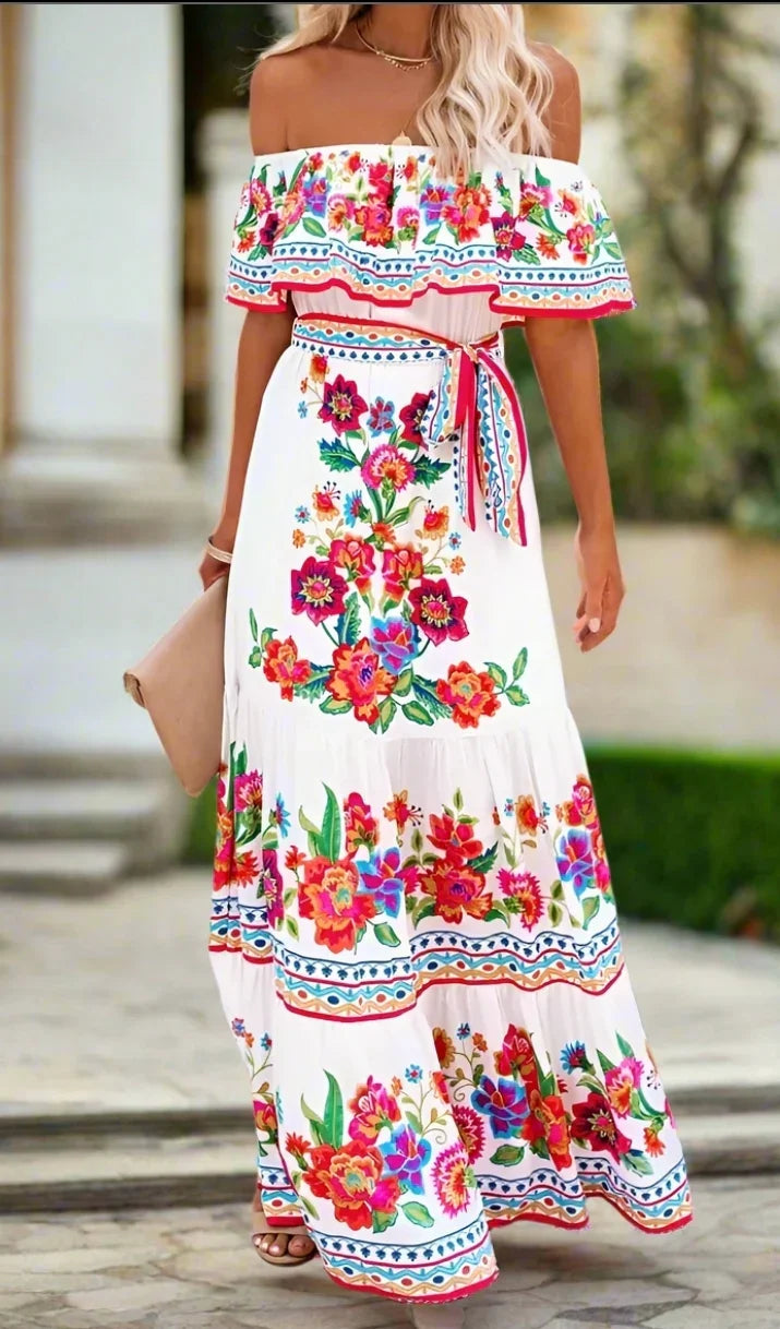 Elegant One-Shoulder Floral Maxi Dress with Lace-Up Waist