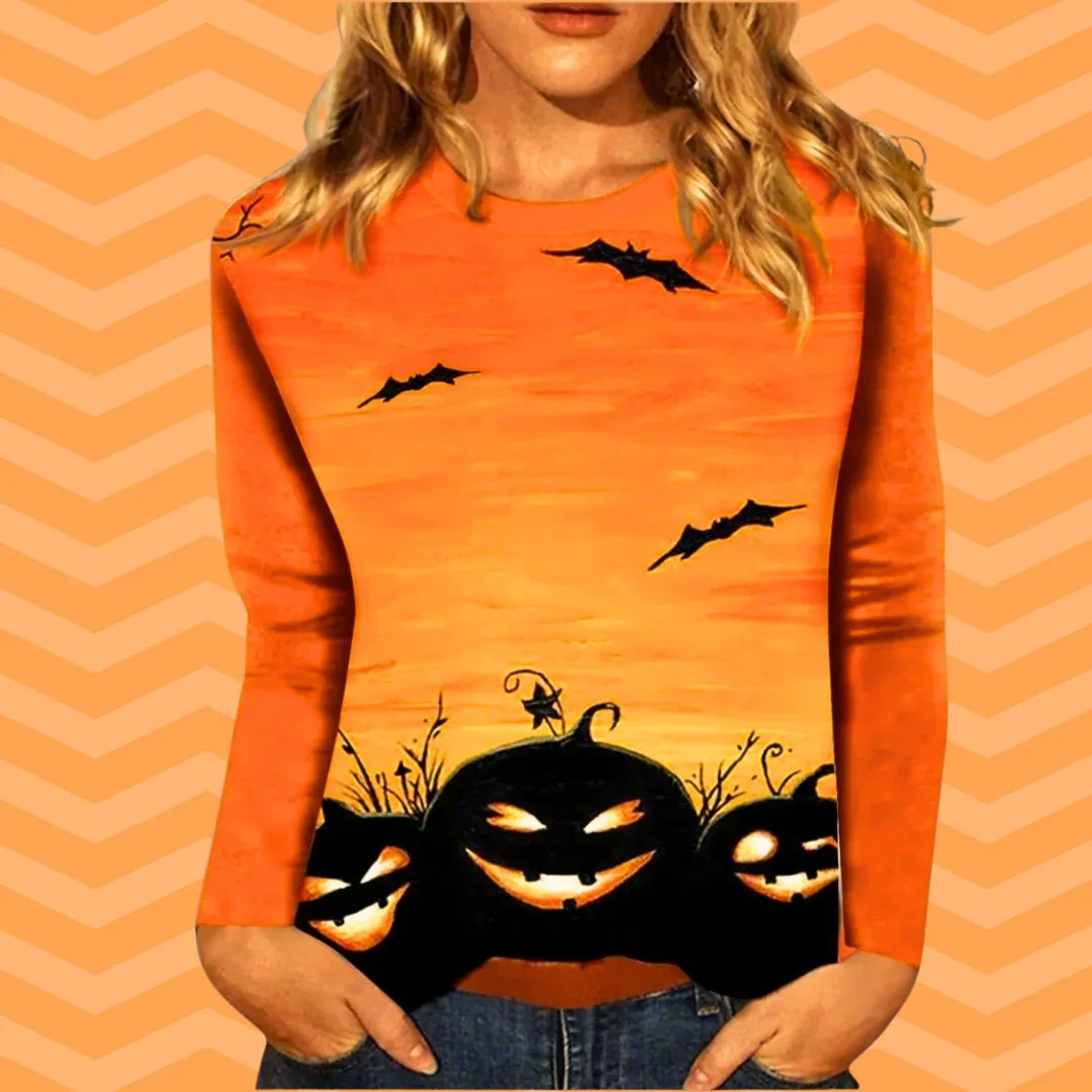 Women's Halloween Sweatshirts – Witch, Pumpkin & Cat Print Long Sleeve Crew Neck Sweater | Casual Autumn/Winter Top with Slight Stretch