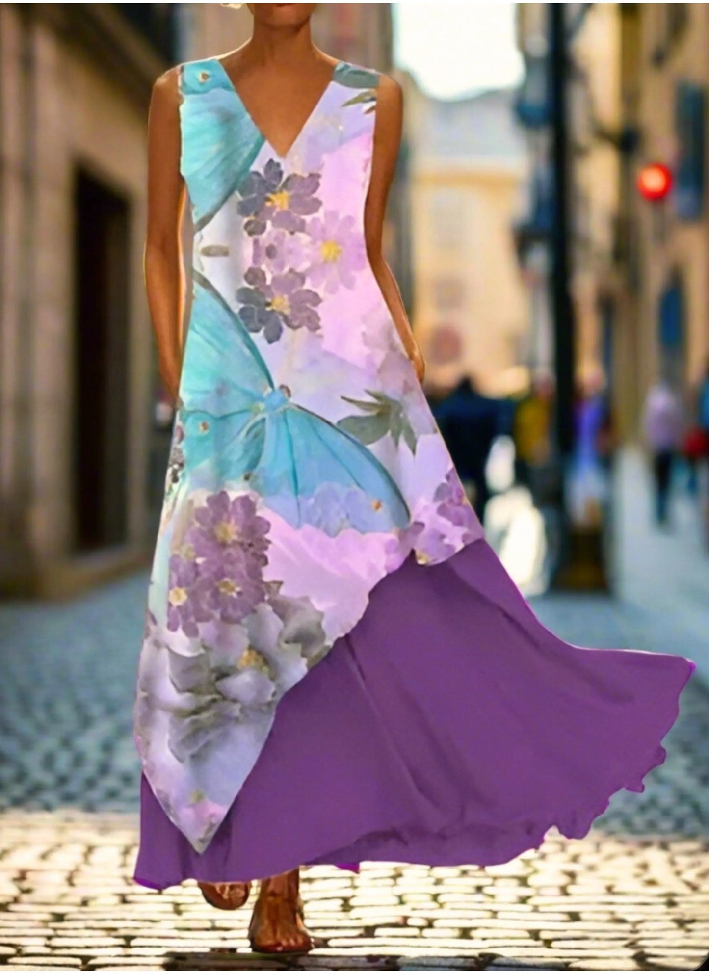 Boho Sleeveless V-Neck Long Dress – Women's Layered Summer Maxi with Floral Print