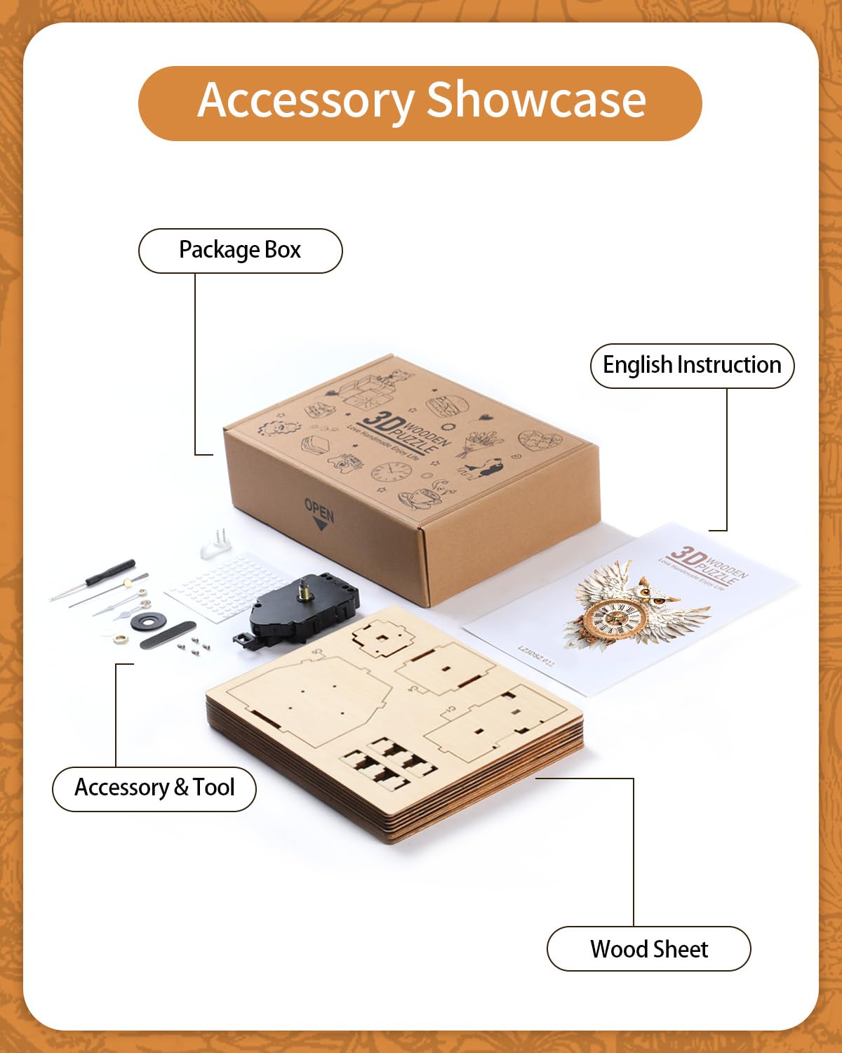 Rnfinewow 3D Snowy Owl Clock Puzzle Kit for Adults – DIY Wall Decor